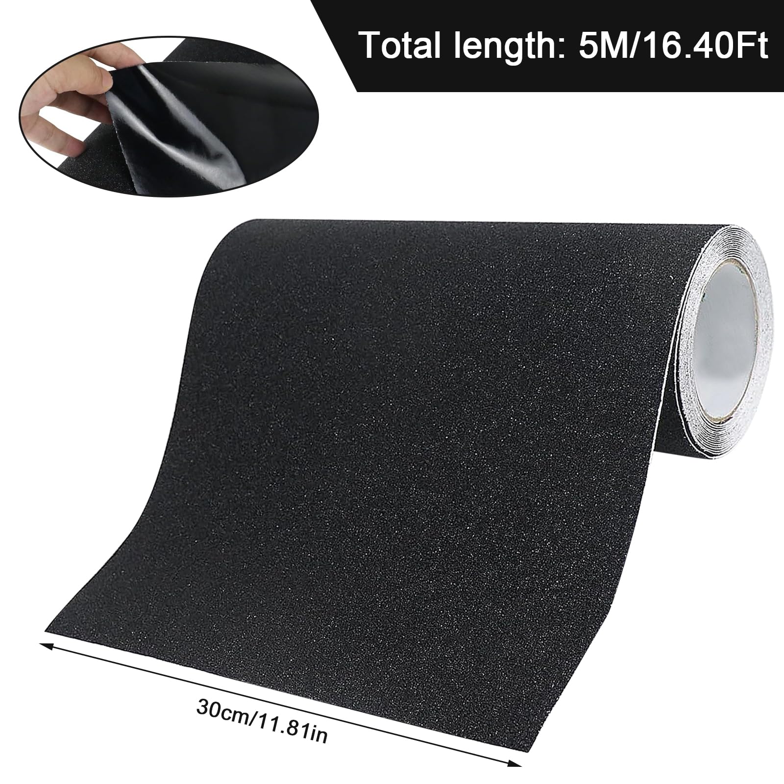 Striscia di nastro antiscivolo con autoadesiva, alta trazione, per scale, skateboard, 300 mm x 5 m, nastro adesivo antiscivolo per pavimenti interni ed esterni (nero)