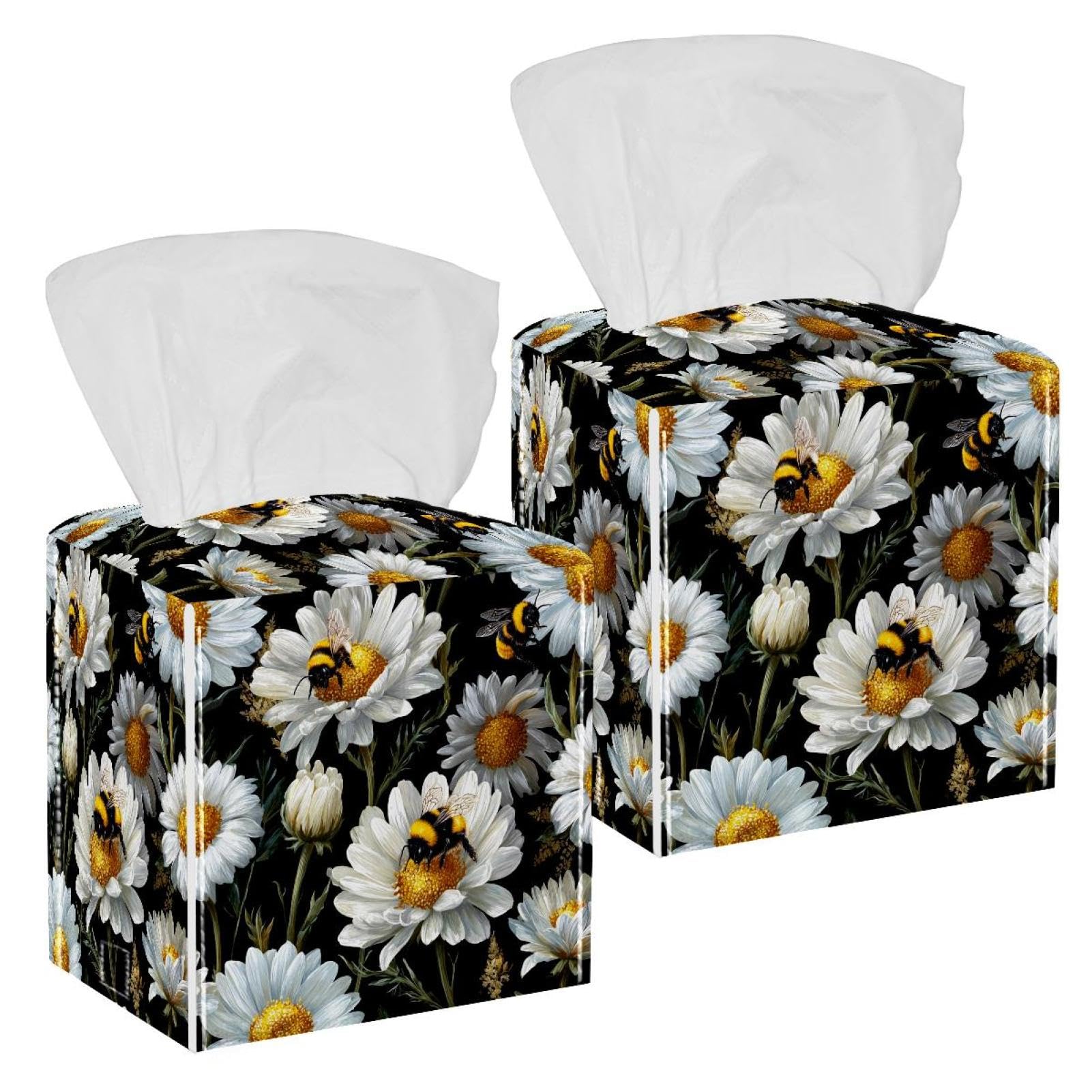 Daisies and Bee Tissue Box Cover, 2 Pack PU Leather Square Facial Tissue Dispenser Box holder for Home Office Car