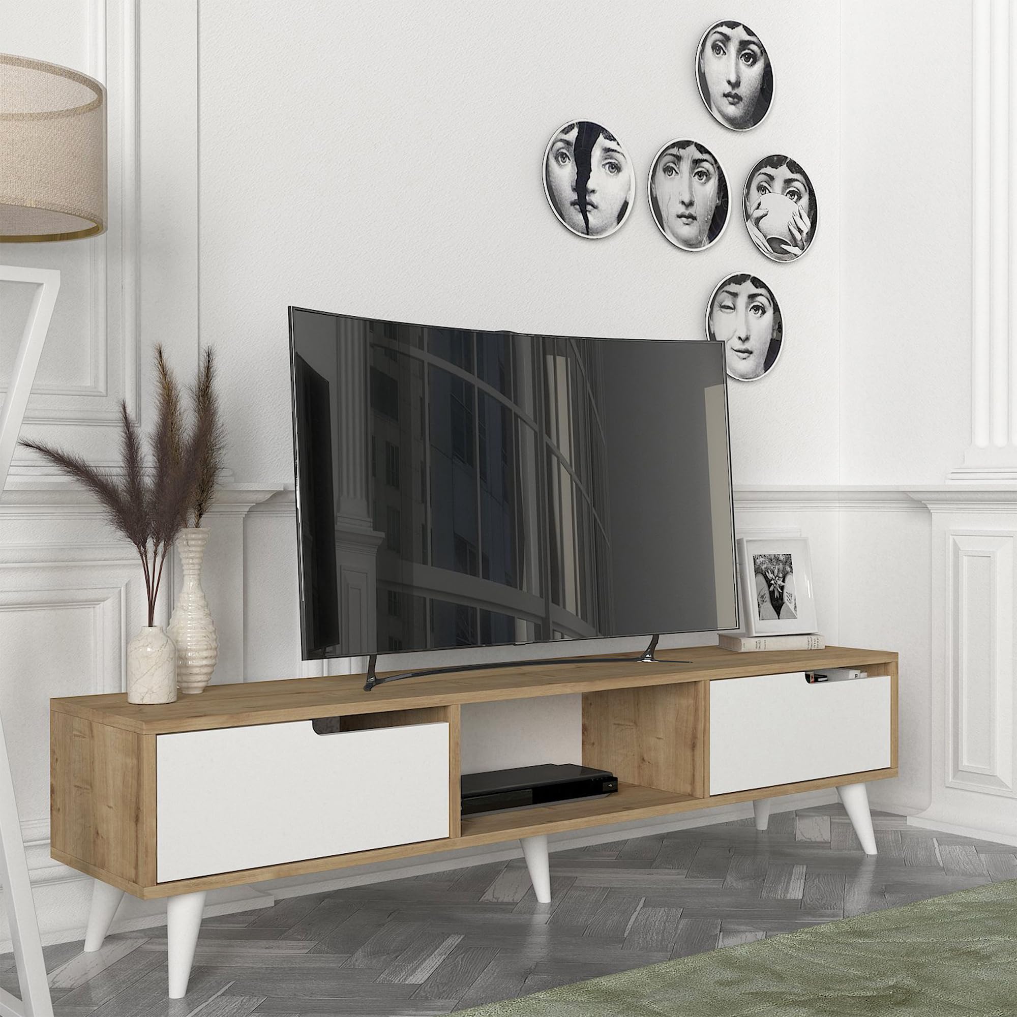scaffale tv con porte a flip e comparto centrale in legno effetto miele