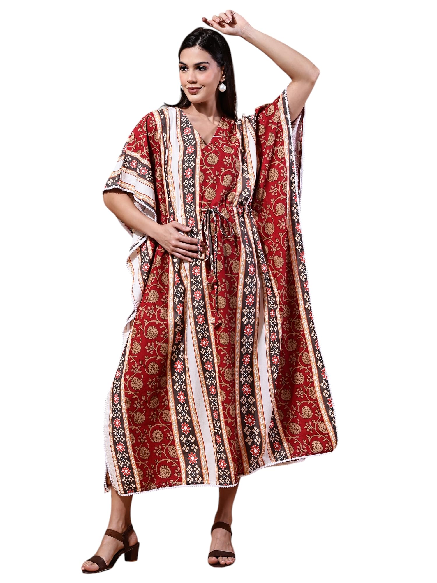 Women's Floral Print Cotton Maroon Color Maternity Kaftan Dress-image-48