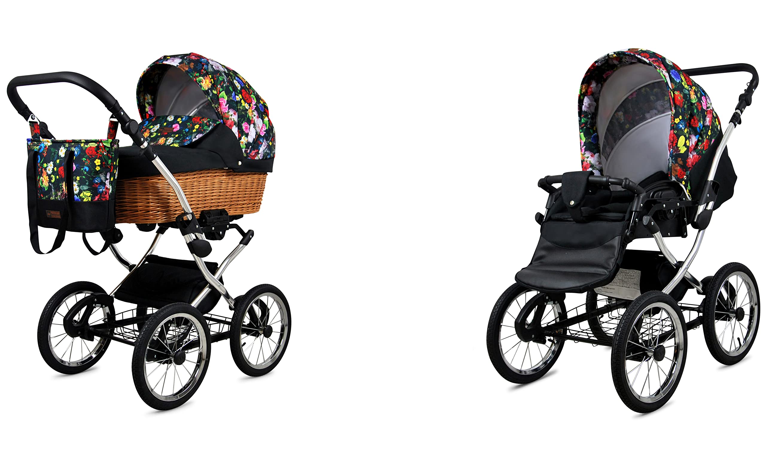 BabyLux ALU 2w1 Wózek dla Malucha – Wózki spacerowe & Wózki dziecięce – Wózek spacerowy dla Noworodka i Malucha – Wózek dla Noworodka – 59x105x125cm – Max 15kg – Garden Flowers Silver Frame