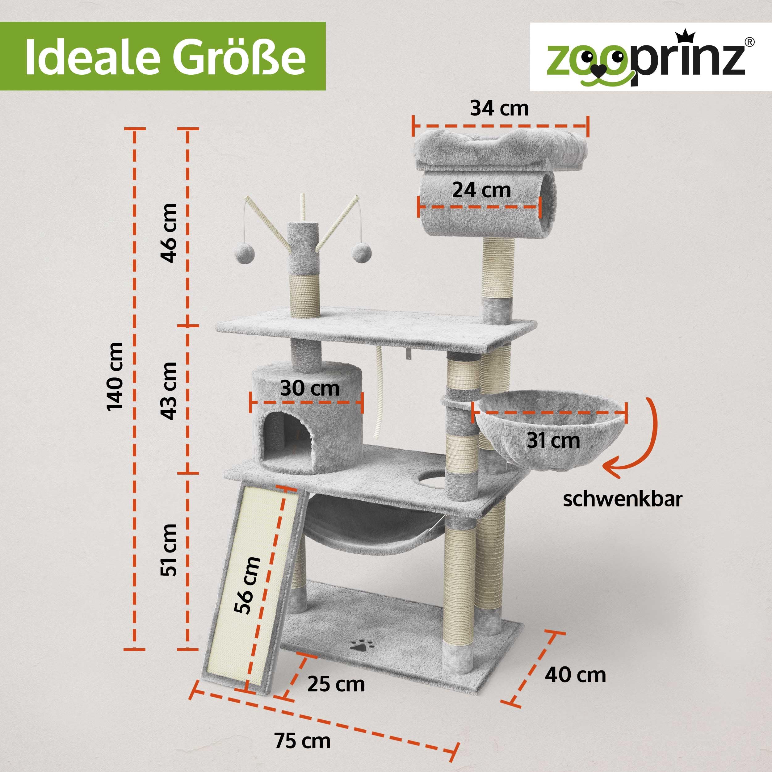 zooprinz XXL Kratzbaum extra breit – Katzenbaum, Hellgrau | Premium Kletterturm mit dicken Sisal-Säulen, Höhle, Hängematte, Spielbällen & Seil für kleine und große Katzen
