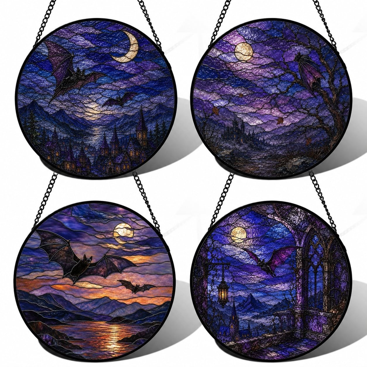 Buntglas Fensterbild 4er Set, Sonnenfänger Halloween Dekoration(Set4,15cm/5.91 inch)