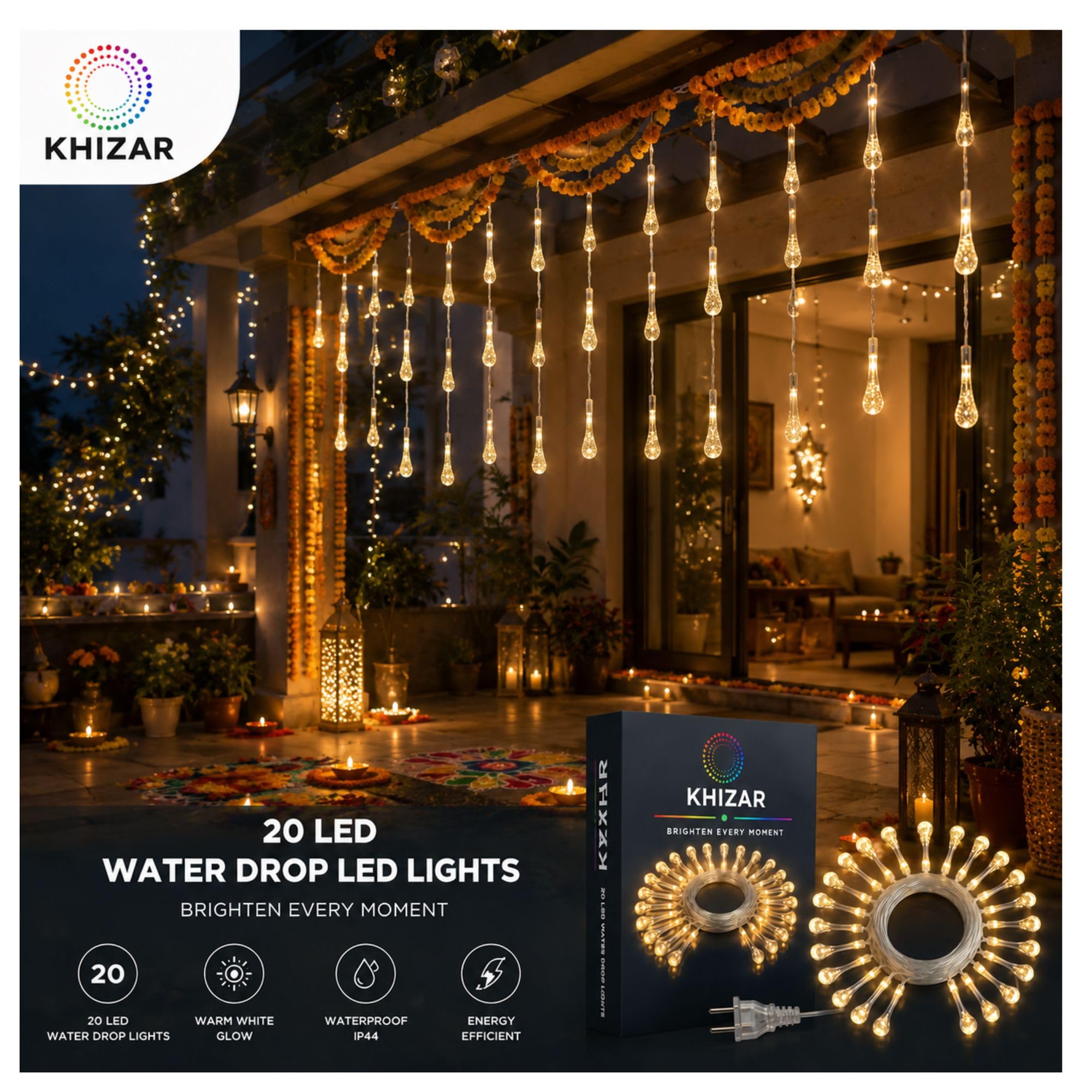 KHIZAR 20 LED Water Drop String Lights Plug-in, Warm White Decorative Hanging Fairy Lights, Waterproof LED Raindrop Lights for Bedroom, Balcony, Patio, Garden, Diwali, Eid, Birthday & Party Decor 4
