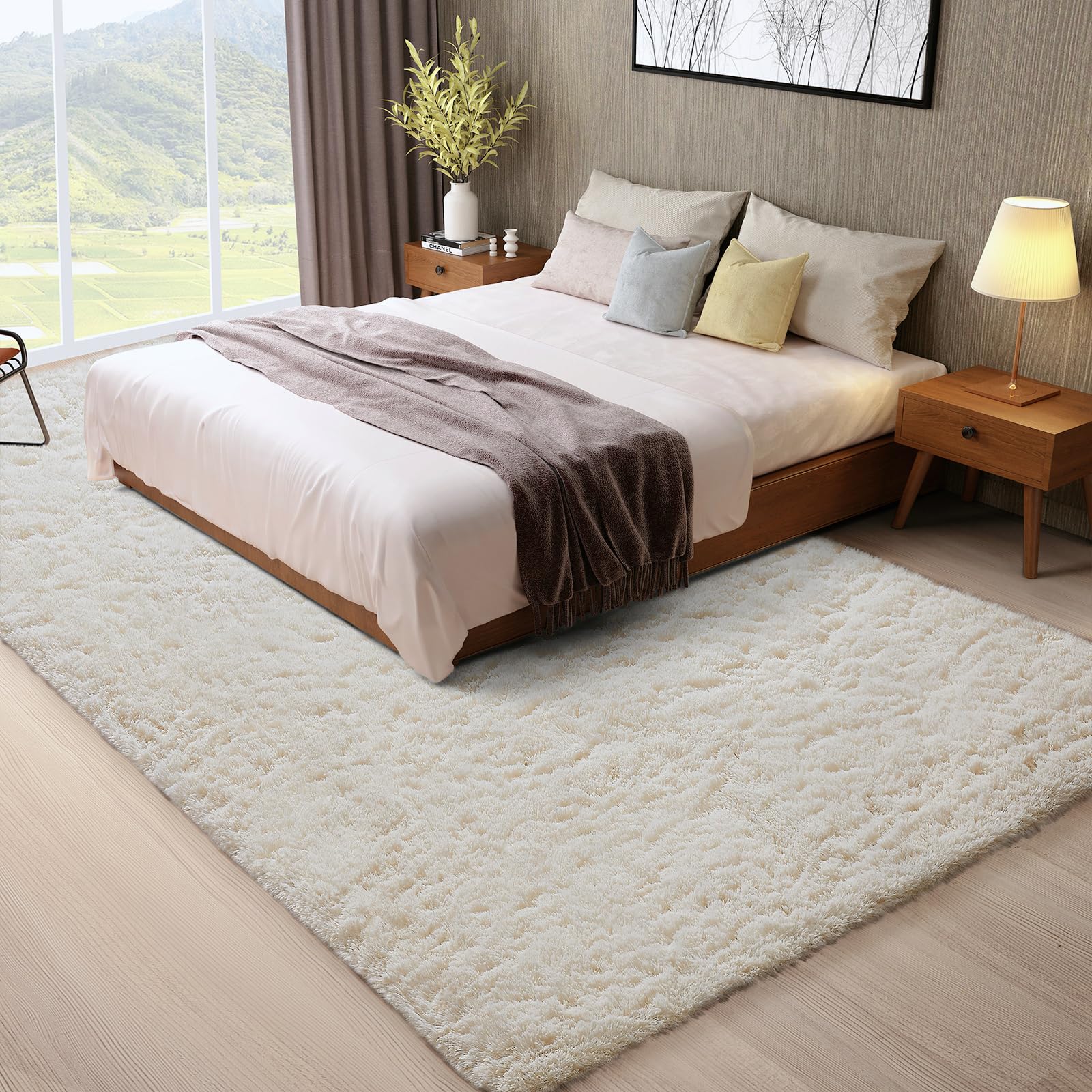 Condition photo showing Good Condition for Ophanie 8x10 feet Area Rugs for Living Room, Upgrade Non-Slip Fluffy Soft Large Shag Bedroom Carpet, Ivory Big Indoor Thick Nursery Rug, Carpets for Boy and Girls Room Dorm Home Decor Aesthetic