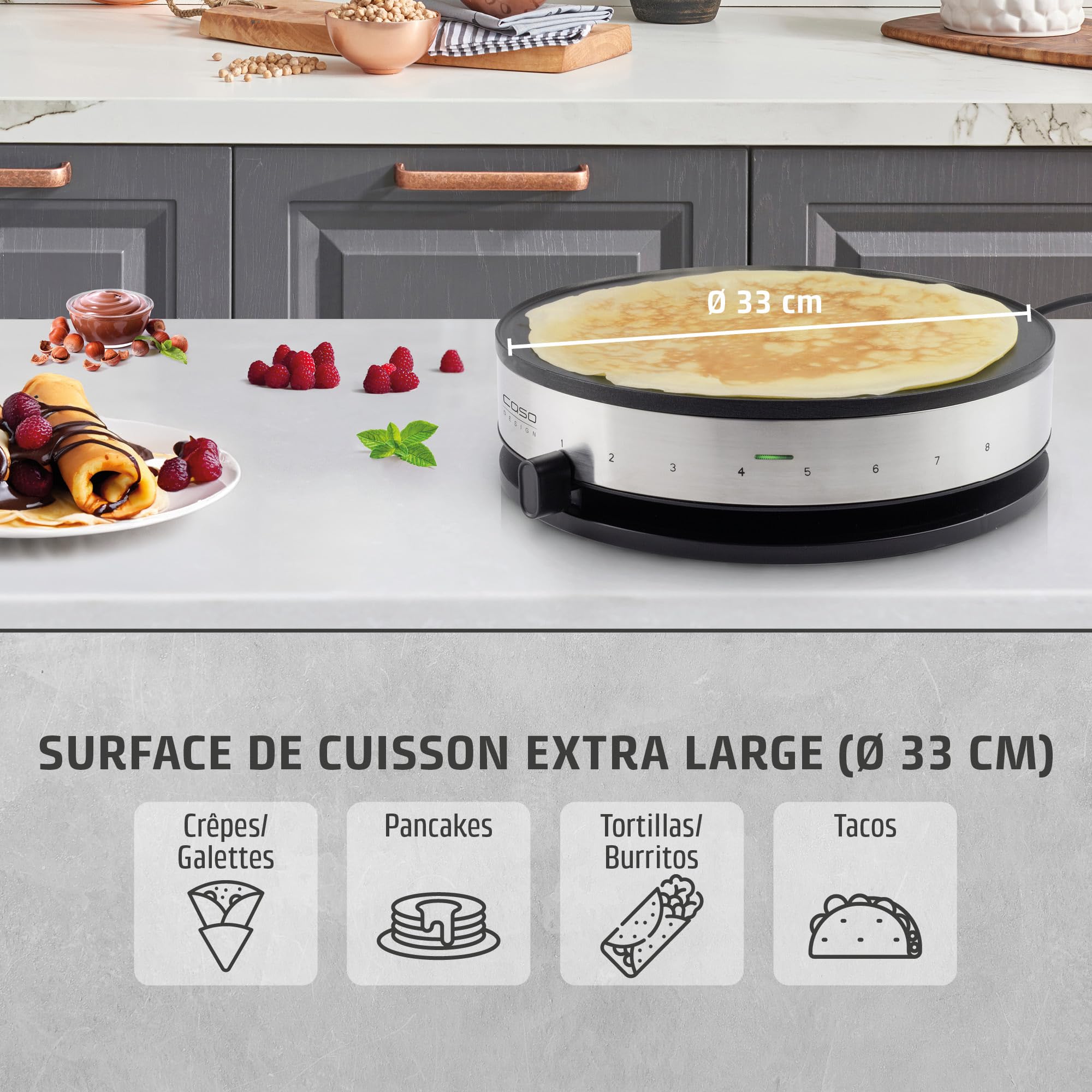 Caso 2930 cm 1300 Design Crêpes maker avec surface de cuisson Extra Large, diamètre 33 cm, 1300 W, Noir, Argent