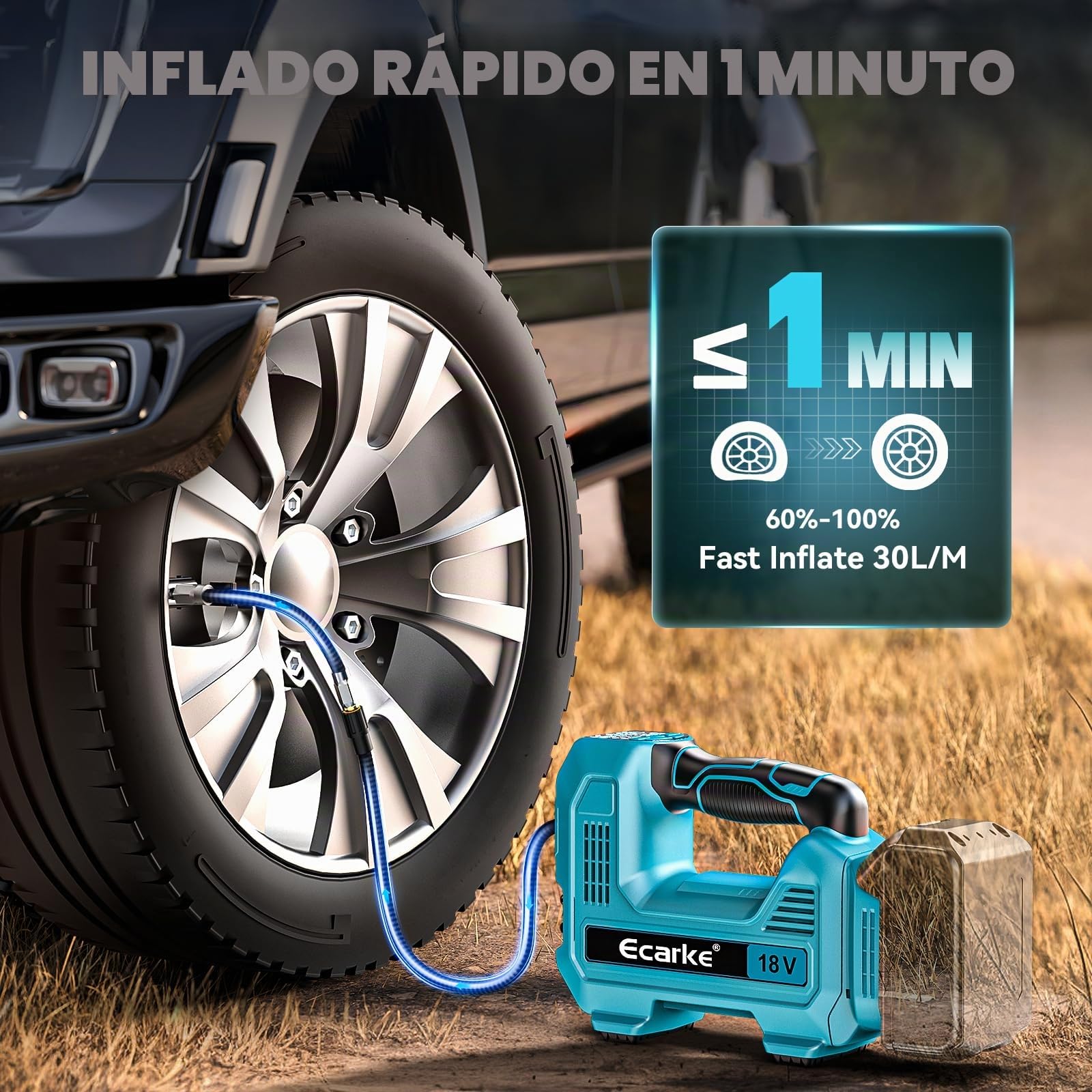 Ecarke compresor aire portatil Compatible con Ma-kita 18V Baterías, 11Bar Inflador Ruedas Coche,con Manómetro Digital, Tubo Extensión y Boquilla para Coche, Moto, Bicicleta(Solo Productos)-Azul Marino