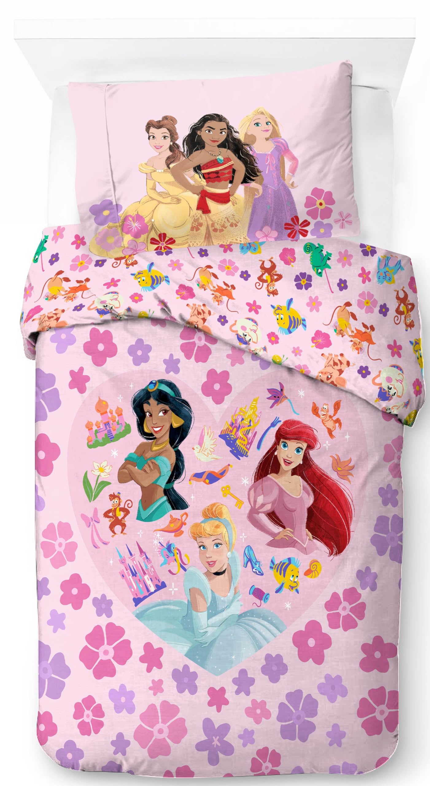 Jay Franco Disney Prinzessinnen Floral 100% Baumwolle Einzel-Bettwäsche-Set - Inklusive Kissenbezug 50 x 70 cm