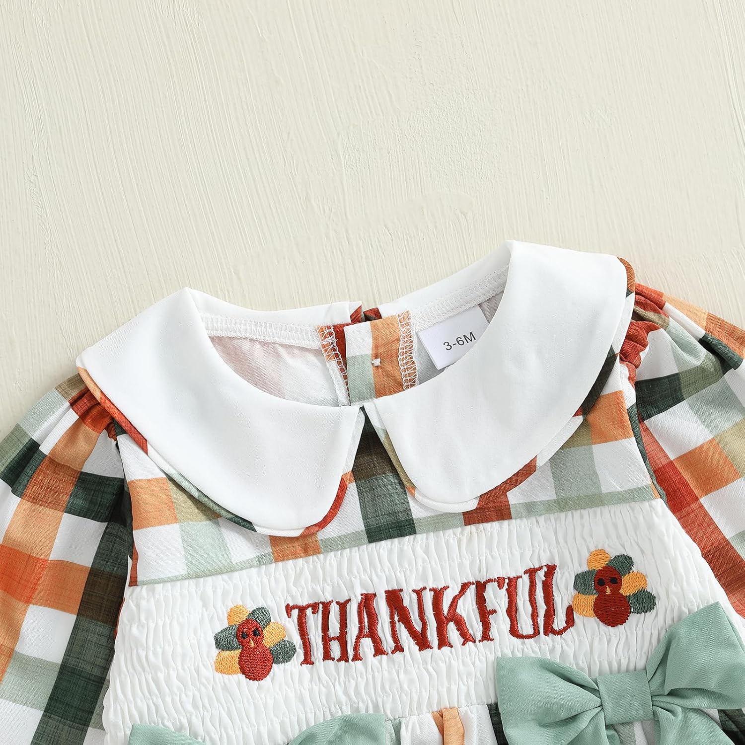Newborn Baby Girl Thanksgiving Outfit Letter Turkey Long Sleeve Romper Plaid Jumpsuit Smocked Bubble Clothes - Image 3