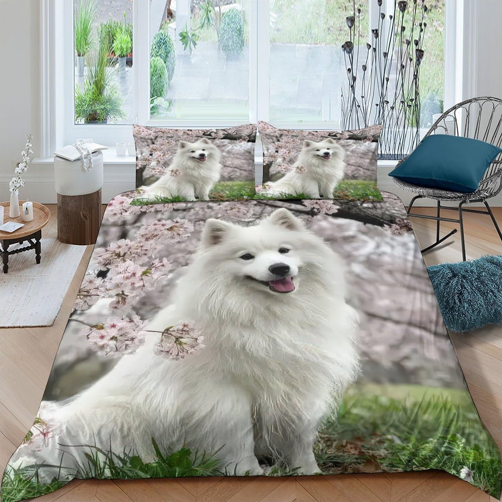 Ctjqhvkz Style-9 3D Printed White Samoyed Dog Fitted Sheet Microfiber Soft Anti-Slip Sakura Bed Cover For Bedroom Guest Room Decor Single（135X200cm）