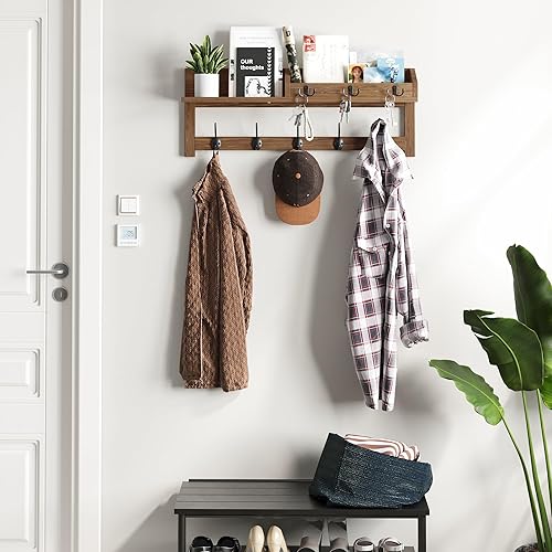 Miniatura 4 de AMBIRD Ganchos de pared con estante de 26.57 pulgadas para colgar en la pared, ganchos de madera para colgar abrigos de pared con estante para