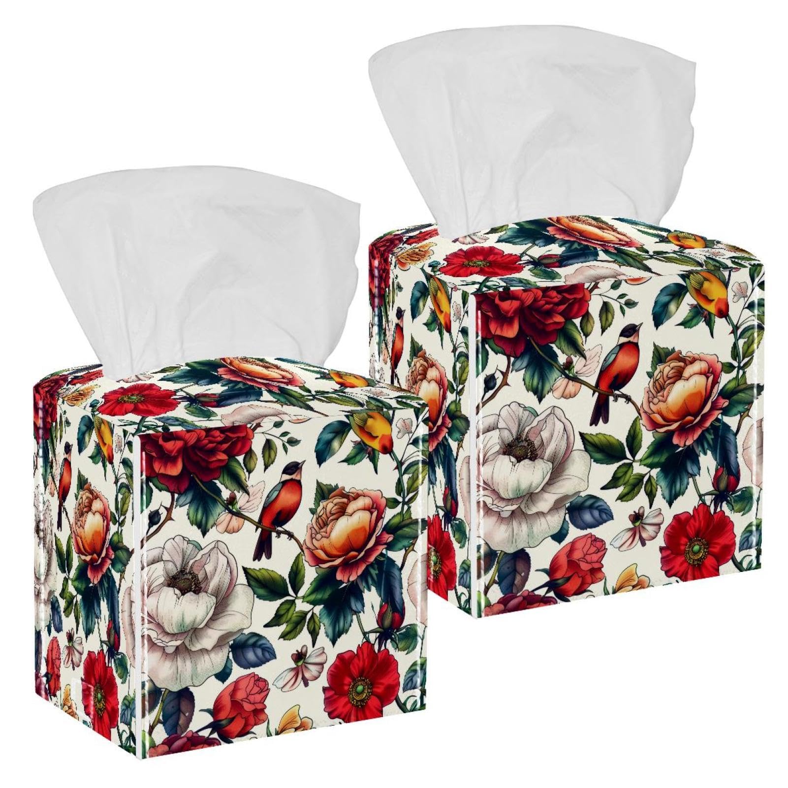 Birds Flower Tissue Box Cover, 2 Pack PU Leather Square Facial Tissue Dispenser Box holder for Home Office Car