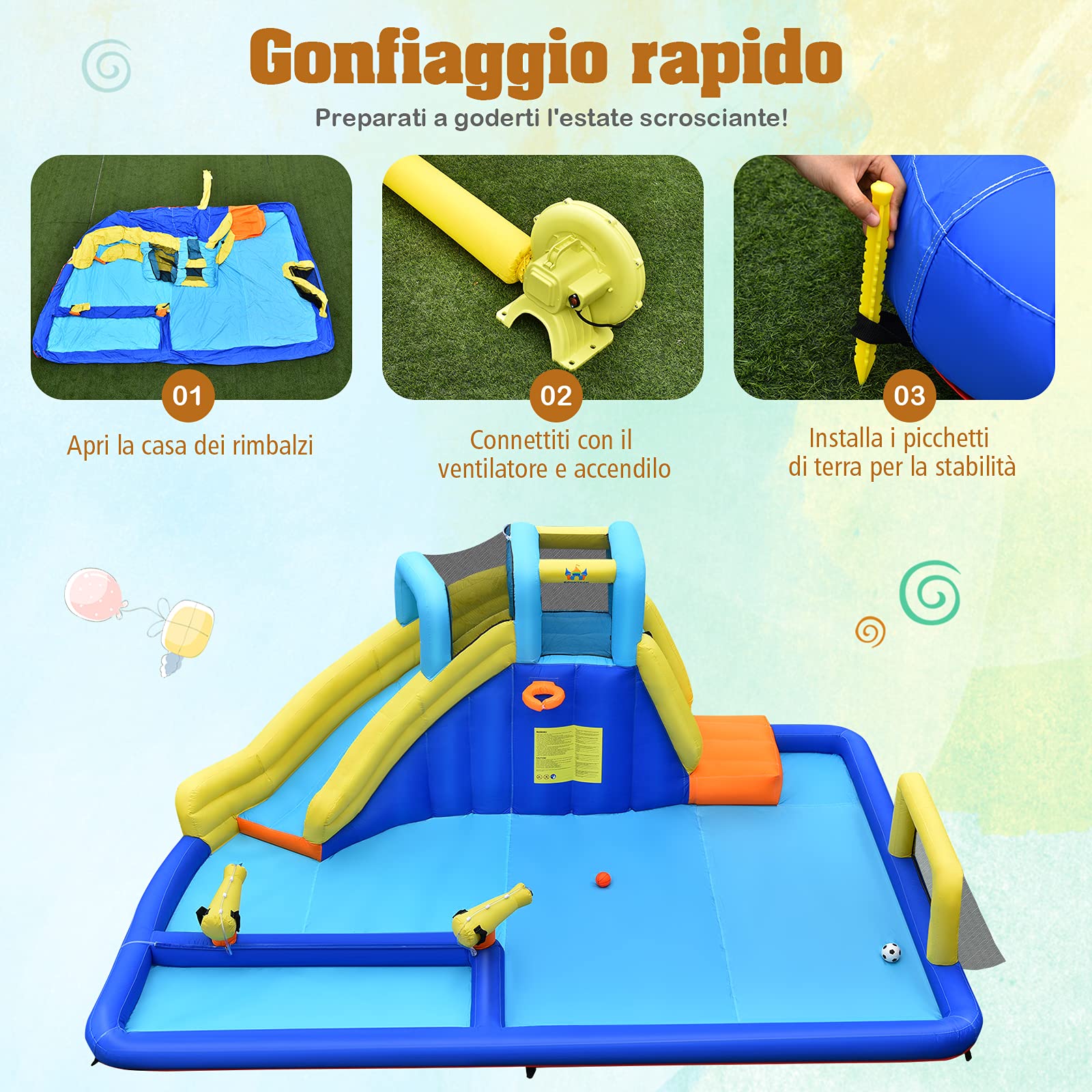 COSTWAY Castello Gonfiabile Per Bambini, Con Scivoli, Muro da Arrampicata e Piscina, Per 3 Bambini 3-10 Anni, Con Borsa di Trasporto e Kit Riparazione (Con soffiatore)