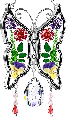 Miniatura 2 de KY&BOSAM Regalos para mamá, atrapasoles de mariposa de cristal para ventanas, campanillas de viento con alas de flores reales prensadas con dije de