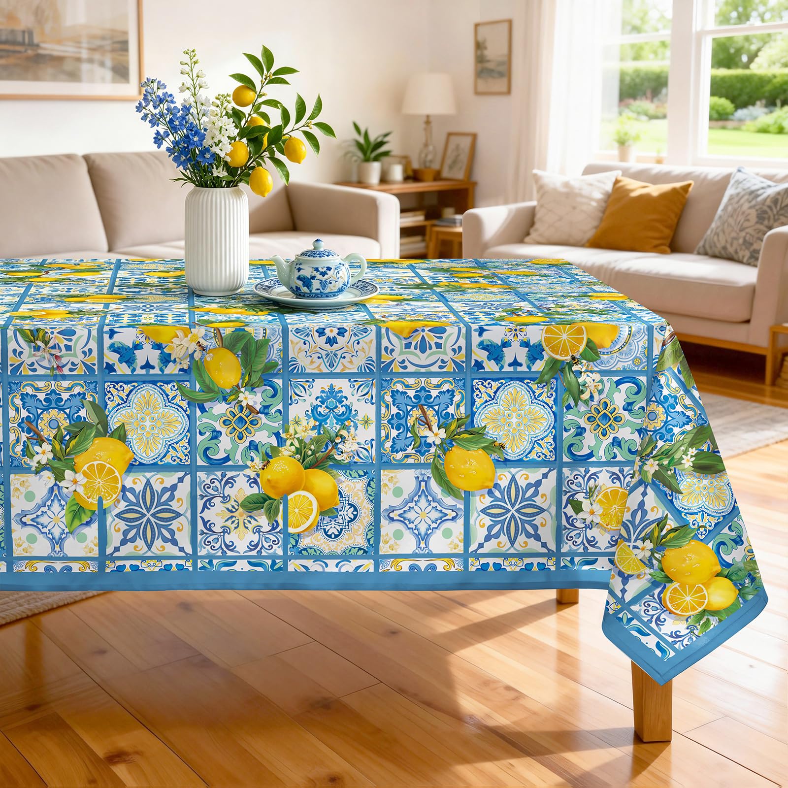 Arquiel Lemons Tablecloth Washable Rectangle Blue, 152.4x264.16 cm