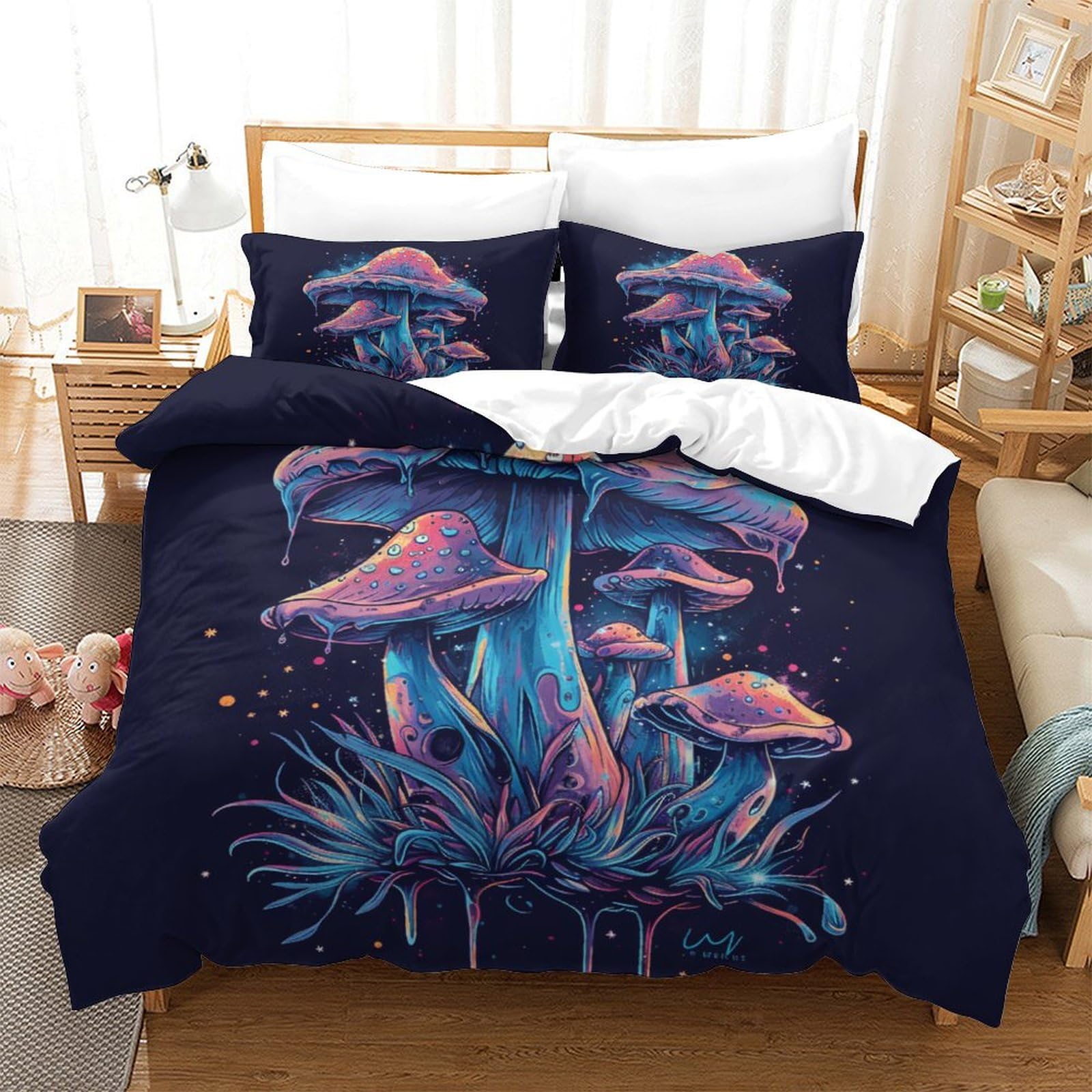 Stampato in 3D Fungo colorato Copertina Stampata Microfibra Disegnata Biancheria Da Letto Con Chiusura A Cerniera Con 2 Federe,Double（200x200cm）, Per Ragazzi Adulti