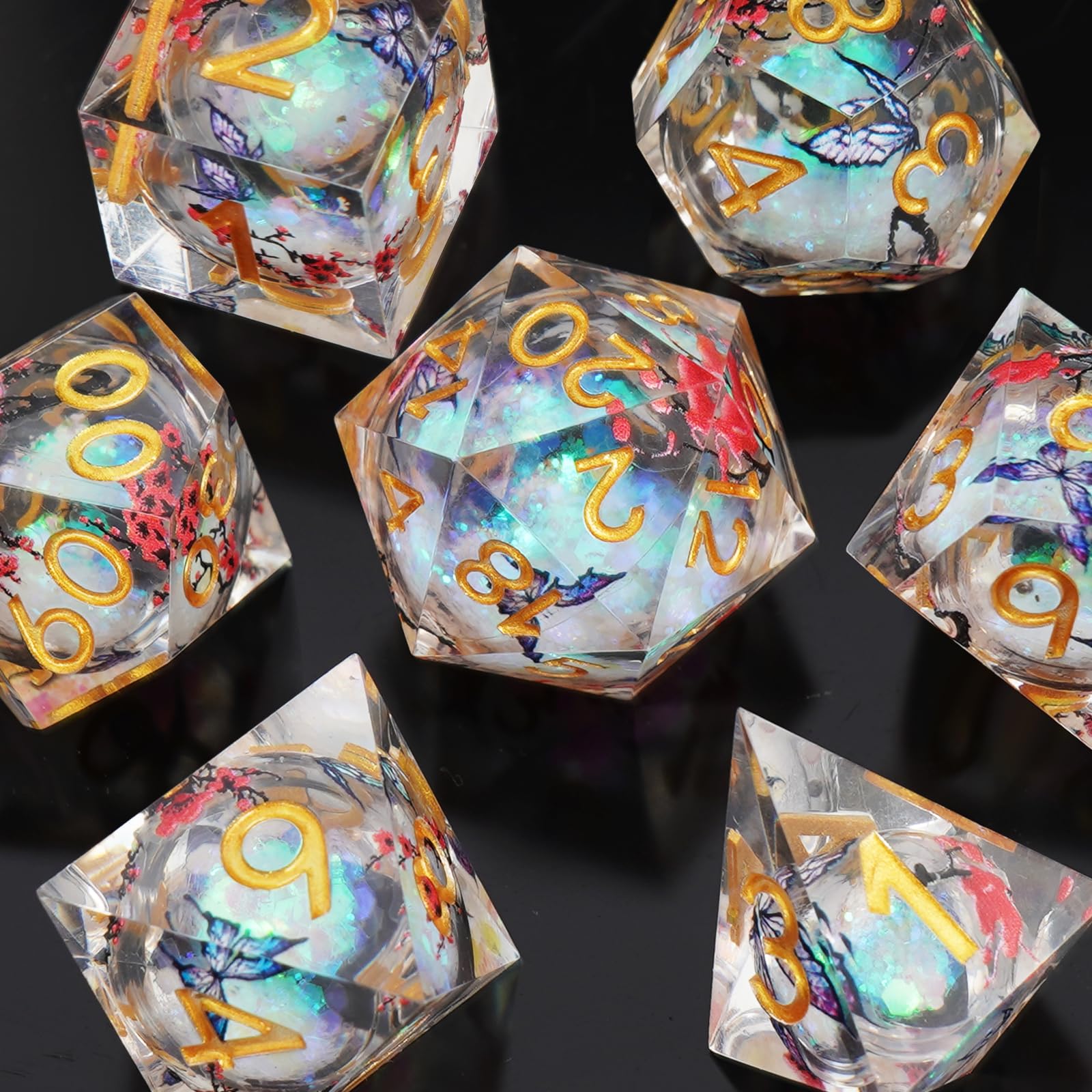 Set di dadi DND a forma di farfalla e fiore di prugno, per giochi di ruolo, con scatola, 7 dadi in resina poliedrica con bordi affilati, set con Beauty Since, D% D20 D12 D10 D8 D6 D4 dadi (bianco