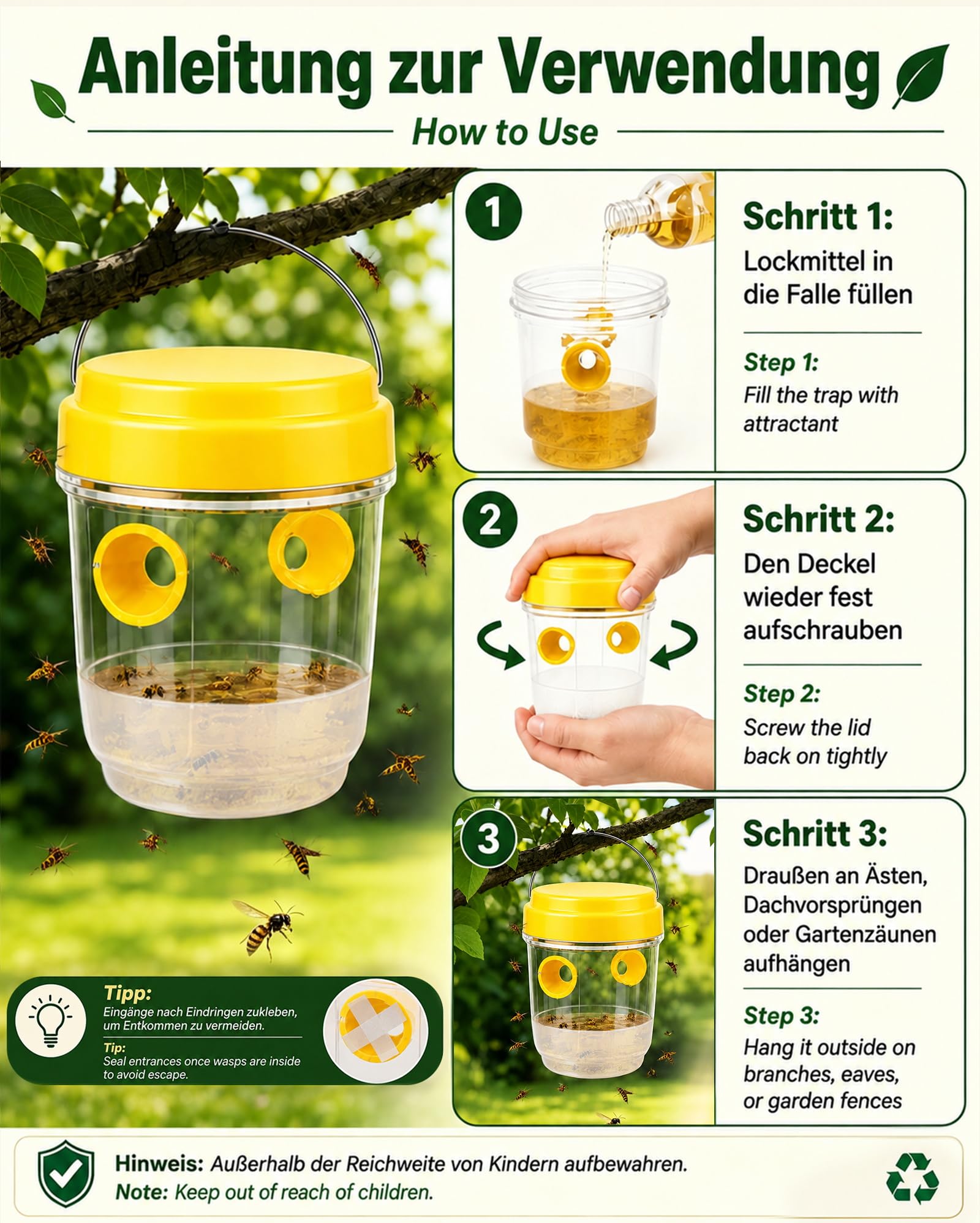 3 Stück Wespenfalle, Öko Wespenfalle für Draußen, Wespen Abwehr mit Aufhängegriff, Insektenfalle Draußen, Mittel Gegen Wespen Vertreiben, Fliegenfalle, Wespenabwehr für Garten Obstgarten Hof Camping