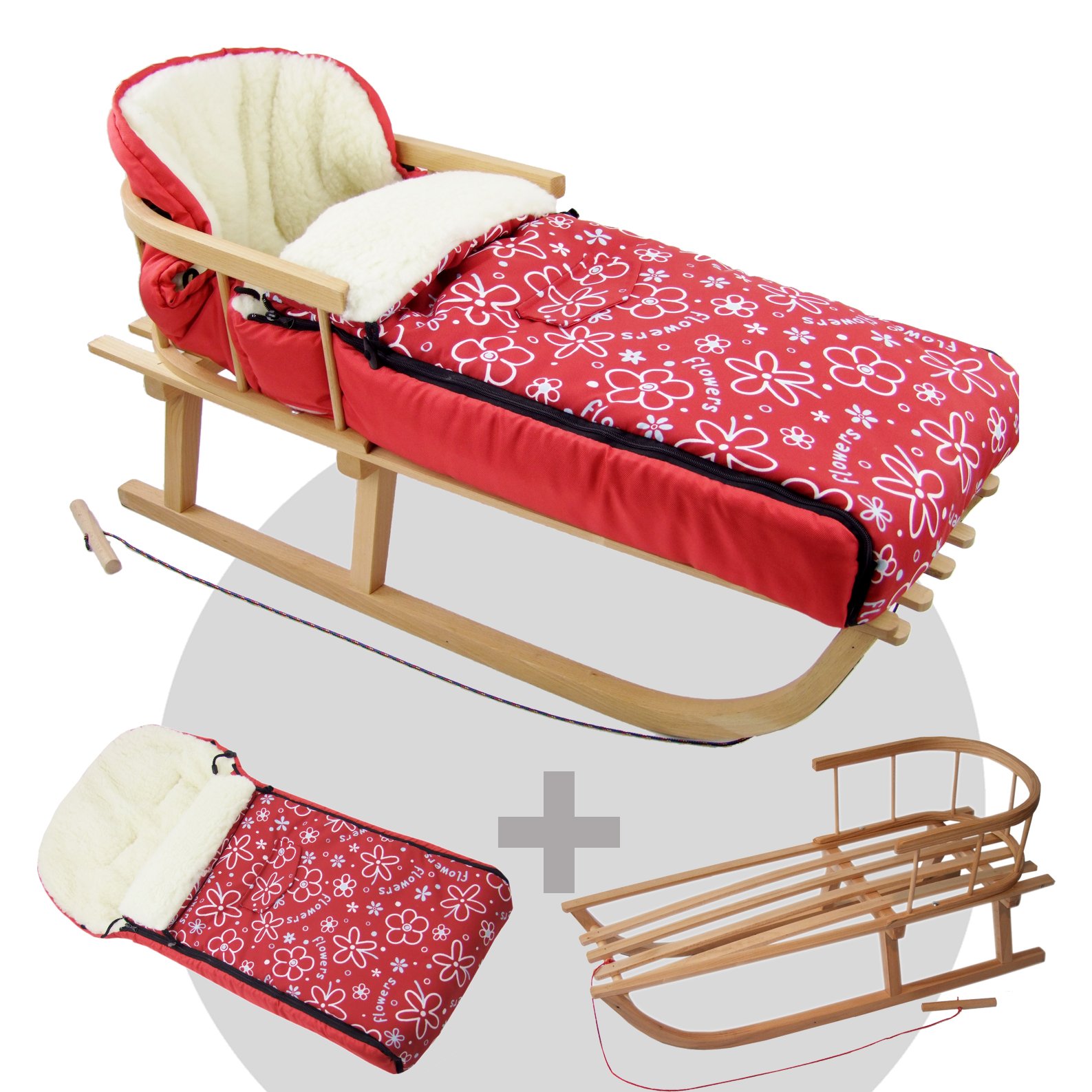 BAMBINIWELT COMBI-AANBIEDING houten slee met rugleuning & trekkoord