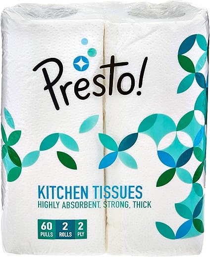 Amazon Brand - Presto! 2 Ply Kitchen Tissue Paper Roll | 120 Pulls | 60 Kitchen Towels X 2 Rolls | Soft And Highly Absorbent | 100% Natural Virgin...