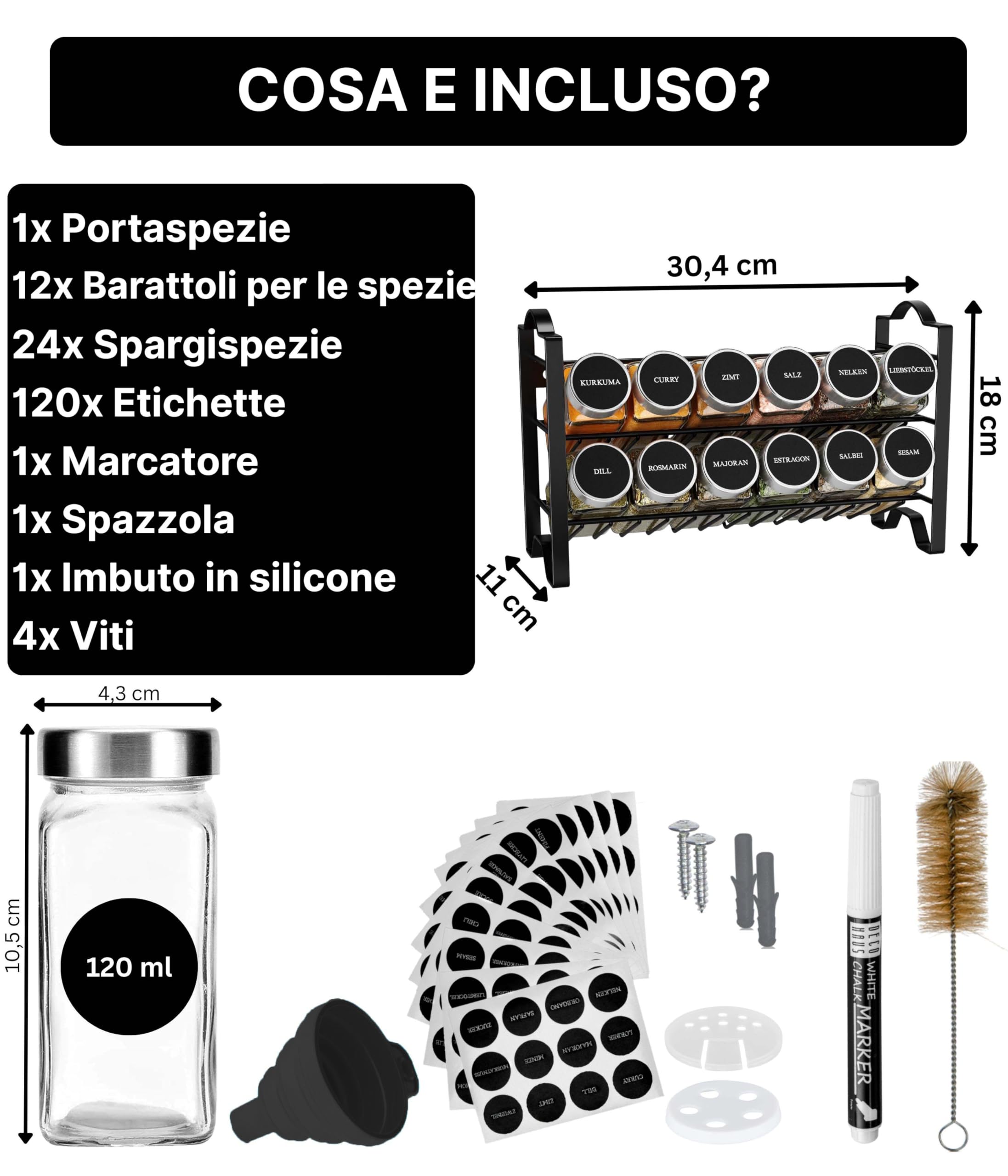 Deco haus® Porta Spezie per Cucina [con Barattoli ed Etichette]- Organizzatore di spezie - Portaspezie in Piedi e da Parete - Portaspezie Salvaspazio