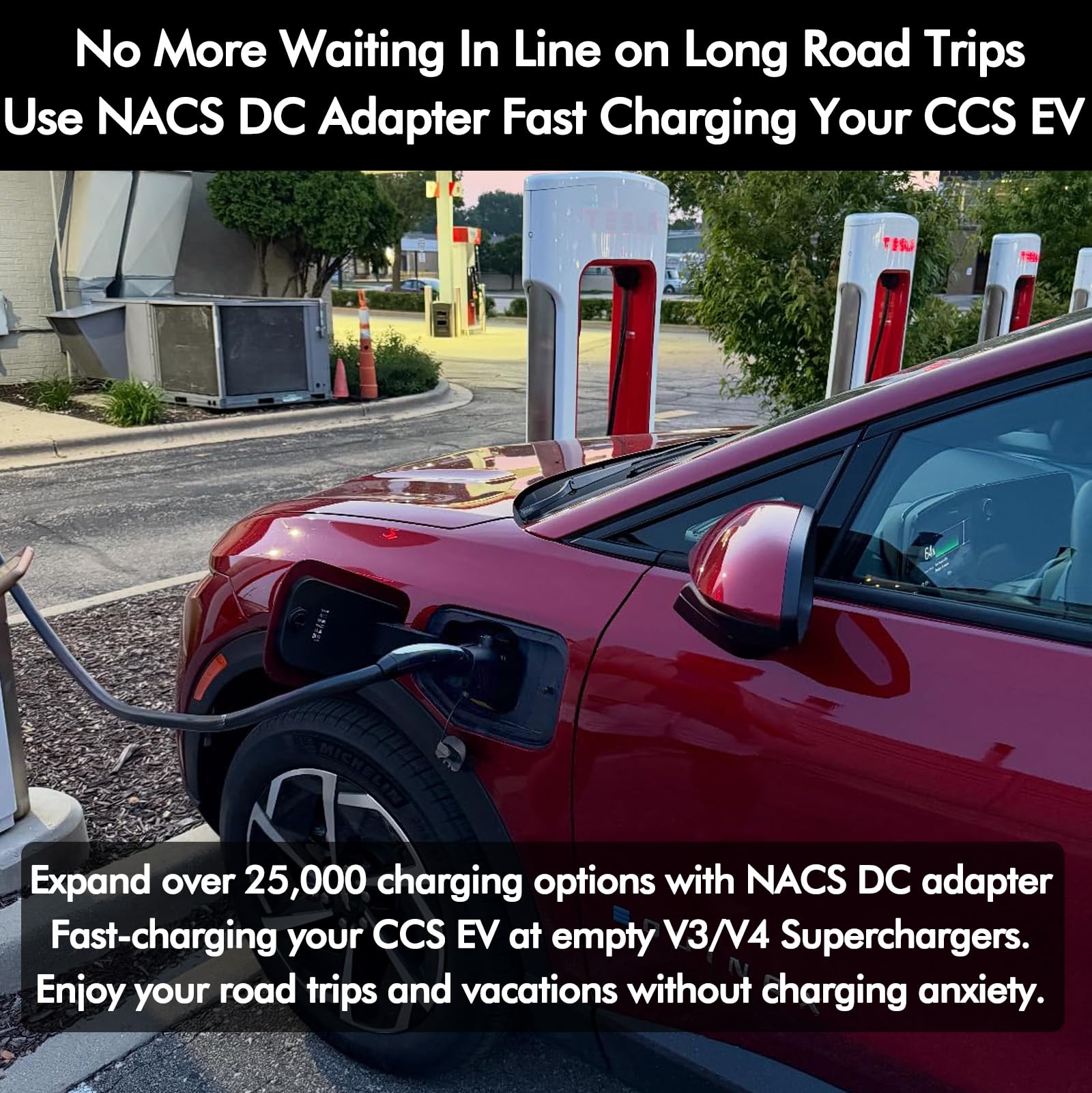 NACS to CCS Adapter for Fast Charging CCS1 EV in Tesla V3/V4 Supercharger, Max 500A 1000V NACS DC Adapter for Road Trip Charge Backup, Dual Locks for Sturdy Secure Connection