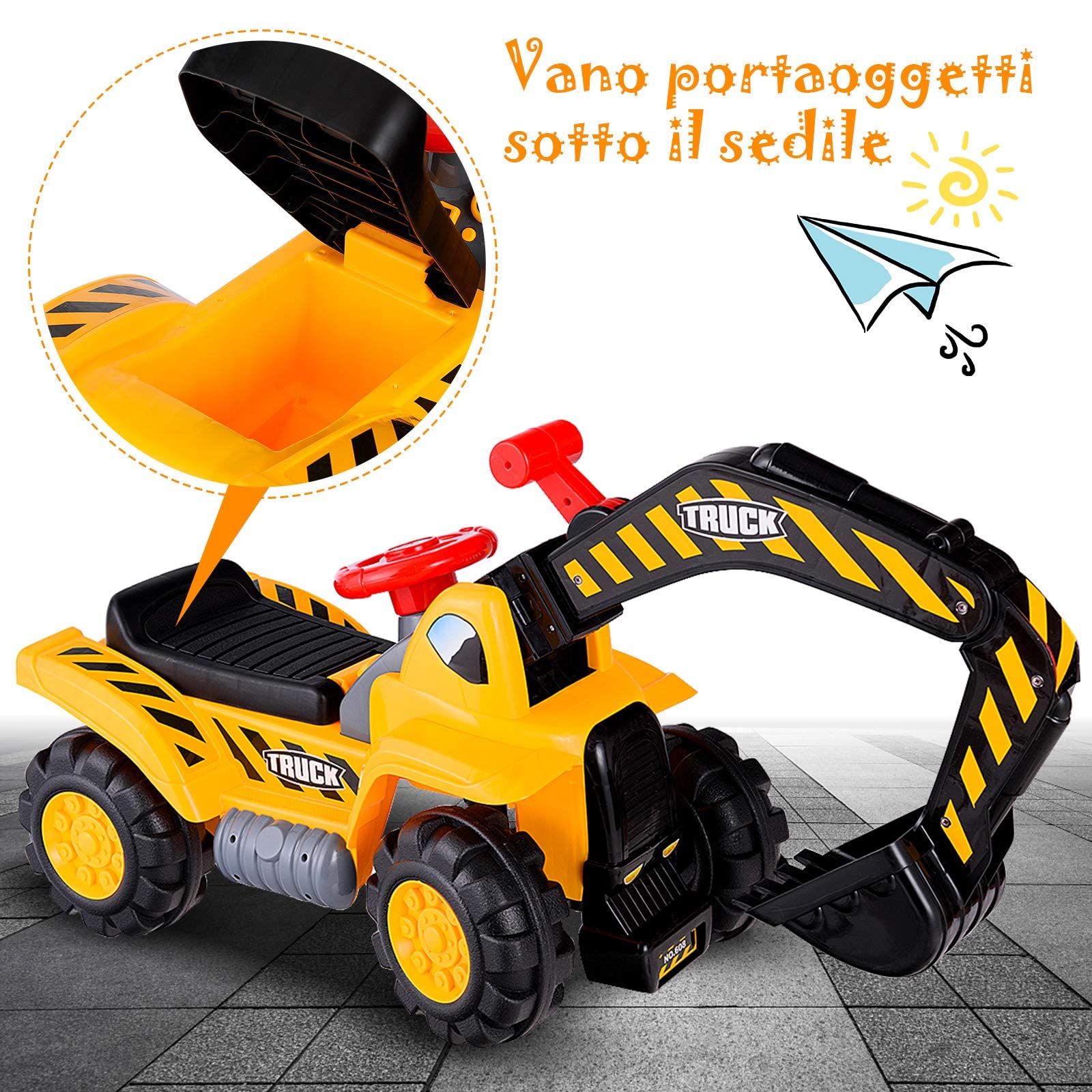 RELAX4LIFE Excavadora de Juguete para Caballo, Excavadora Gigante para niños de 3+ años, Excavadora eléctrica con Asiento Amplio y Sonidos, Ruedas deslizantes para césped, Madera y Playa, 84x45x30cm