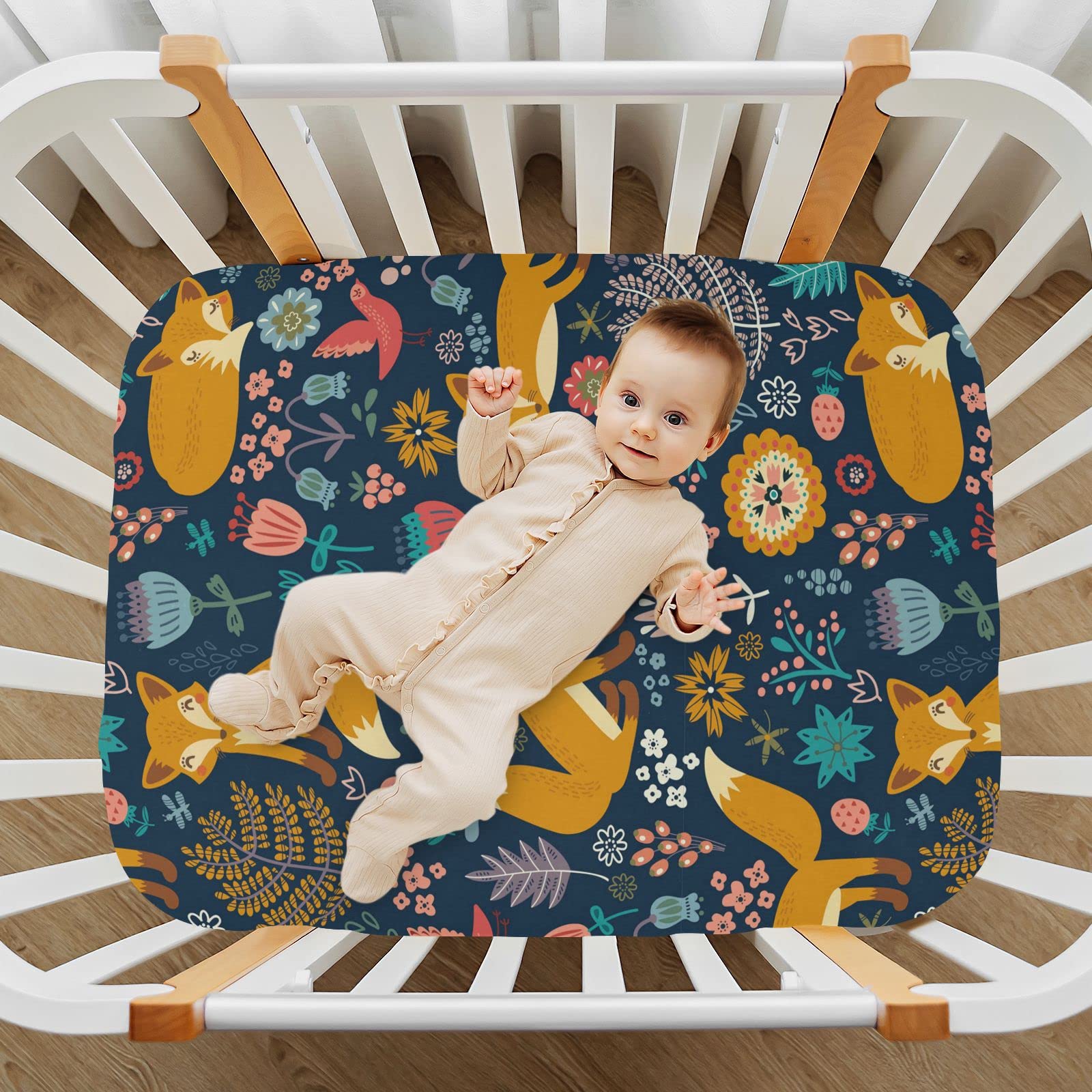 Spannbettlaken für Kinderbett, niedliches Fuchsmuster, weich, atmungsaktiv, pflegeleicht, Spannbetttuch für Babybett und Kinderbetten