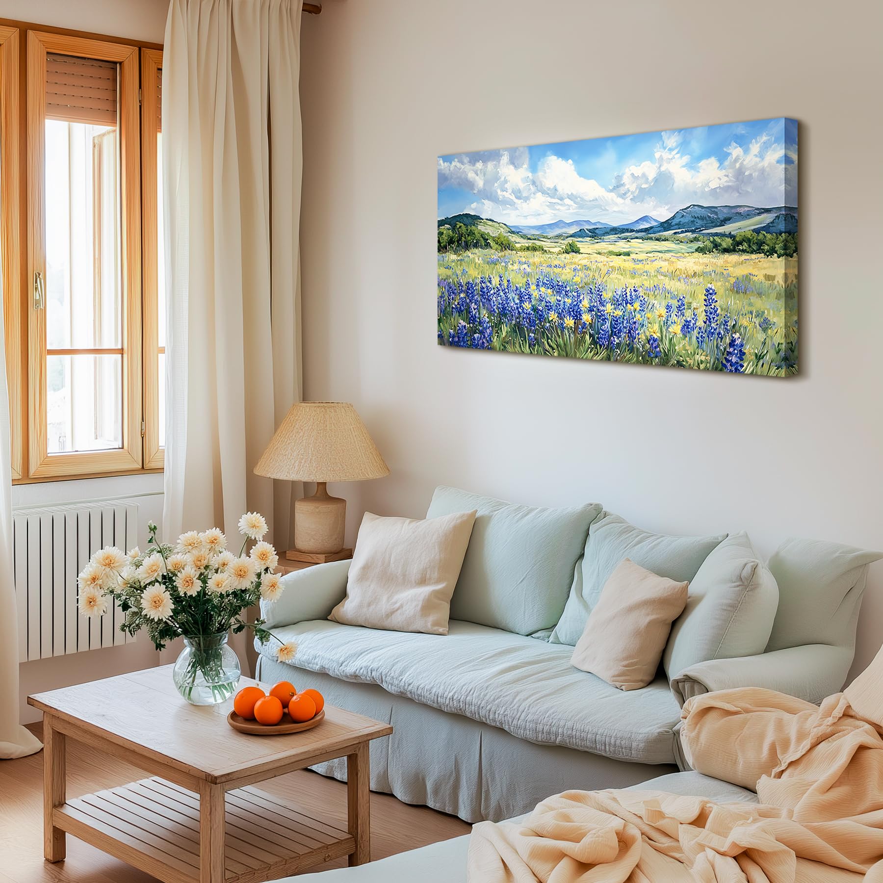 Tableau Déco Mural 50x100 Cm – Impression Sur Toile, Mer Bleue Et Fleurs, Sans Cadre