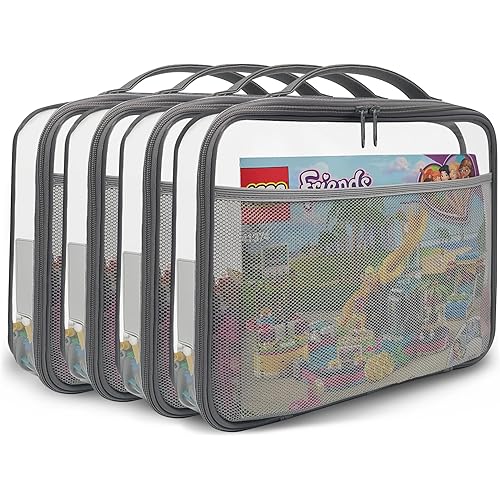 holay 4 Packs PVC Zippered Blocks Set, Toy, Clay, Board game Storage Organizer Case (Name Tag, Manual Pocket) (Gray, 4 Large)