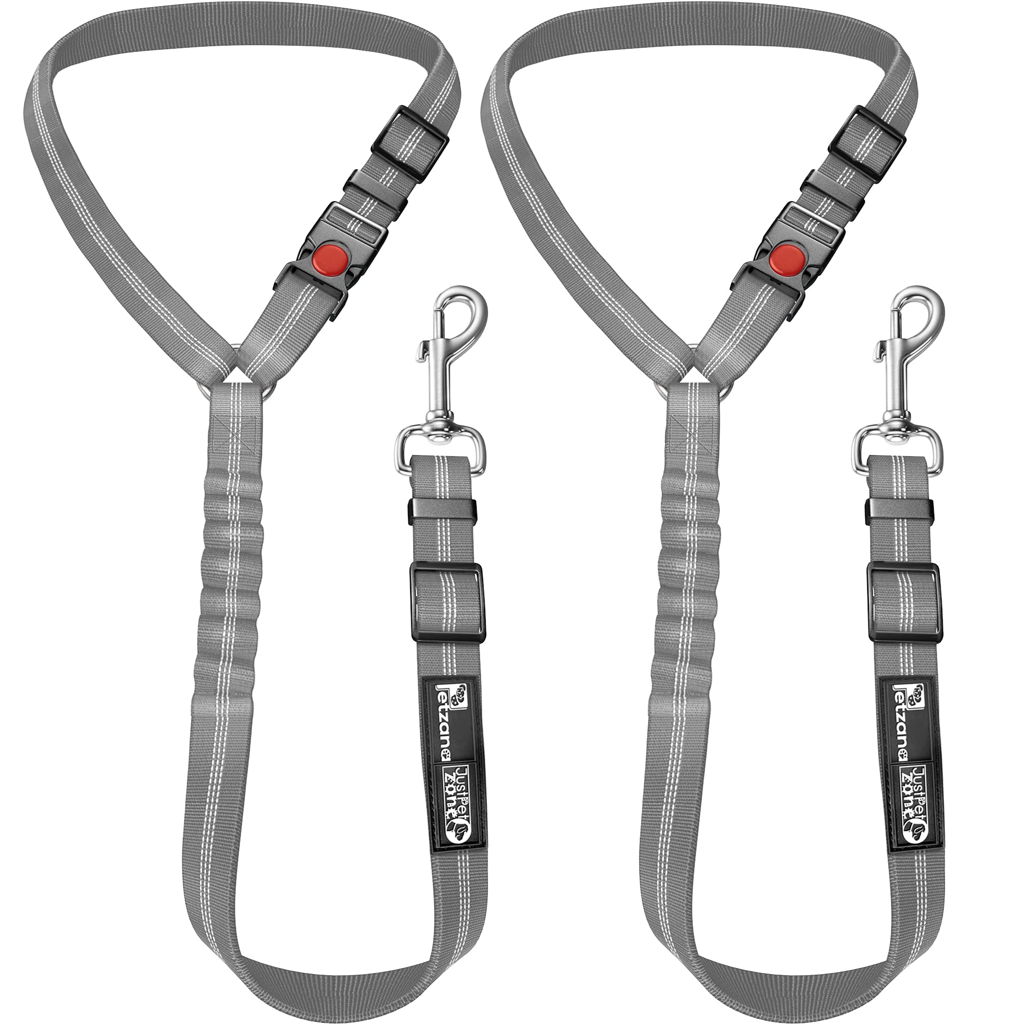 PETZANA Dog Seat Belt Harness for Car - 2-in-1 Leash and Restraint Secures to Headrest. Adjustable Bungee, Strong, Durable, 360 Degree Swivel Attach Won't Twist, Reflective, Easy to Use (Grey, 2PACK)