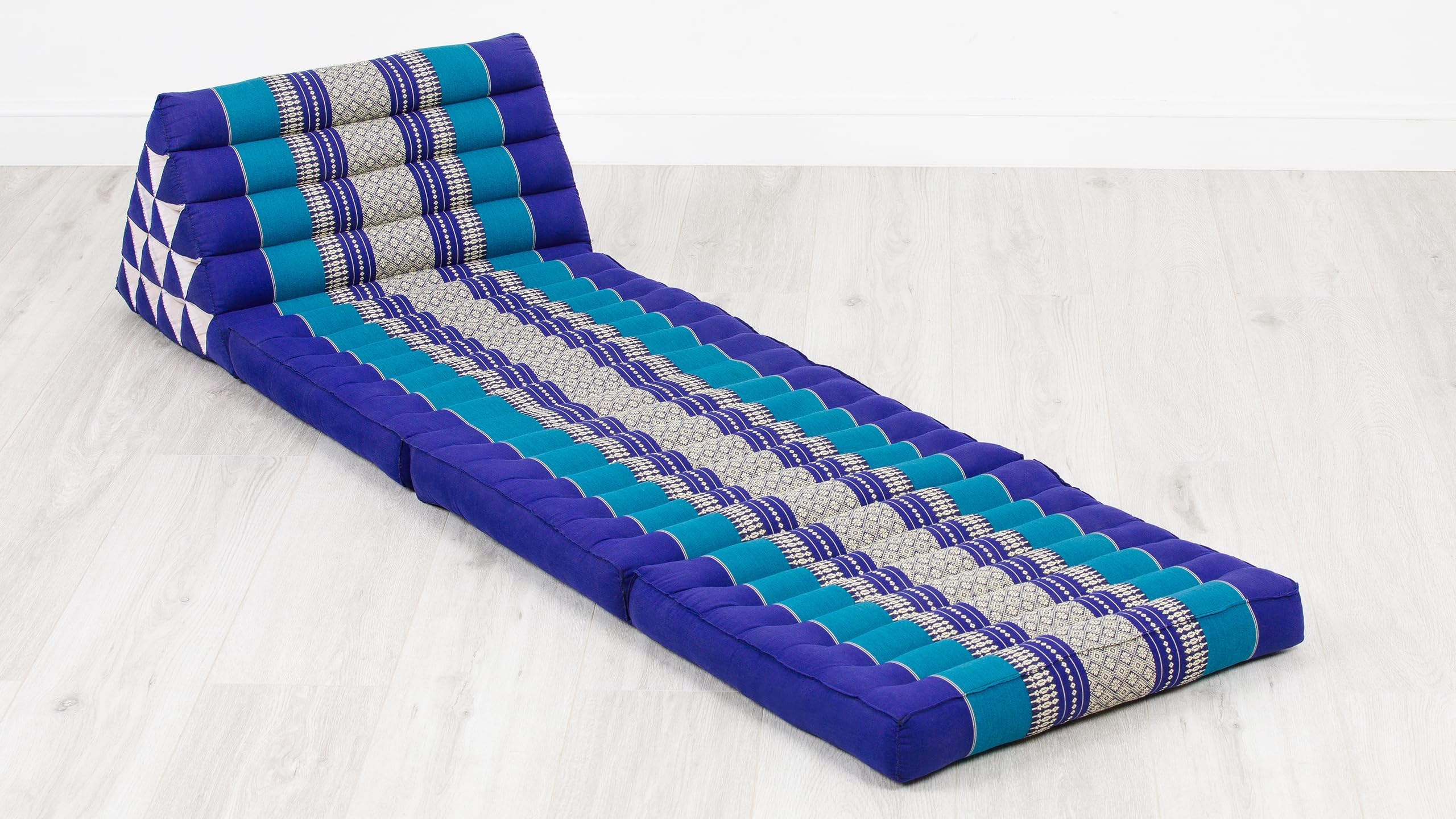 livasia Thaikissen 3 Auflagen extrahoch - 185x55x8cm - Dreieckskissen mit Klappmatratze, Kapok, Jumbo Rückenkissen faltbar, Thaimatte Klappen, handgefertigt, Meditationskissen (Blau)
