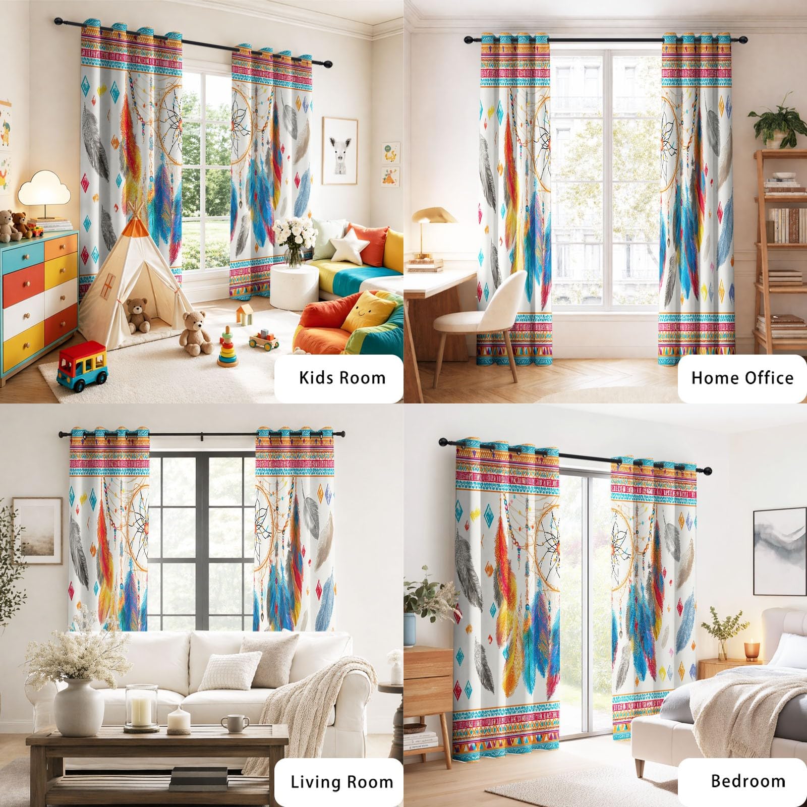 Generisch Boho Verträumt Vorhänge Traumfänger Feder Vorhang Blickdicht mit Ösen, Verdunkelungsvorhang Gardinen für Schlafzimmer Wohnzimmer Fenster Deko, 2er Set H160 x B140 cm