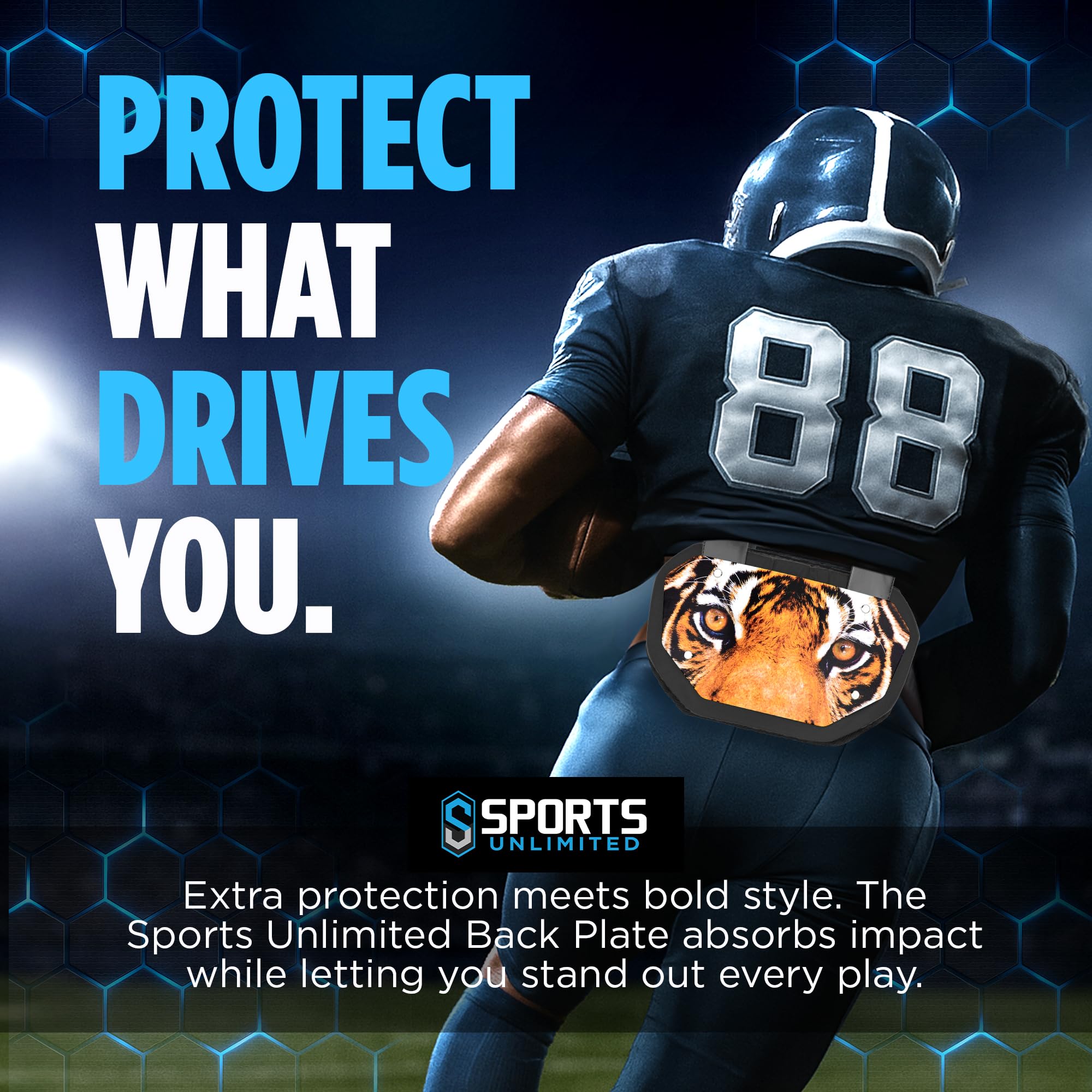 Sports Unlimited Tiger - Placa trasera de fútbol para hombreras, ajuste universal, almohadilla de espalda baja, para jóvenes y adultos