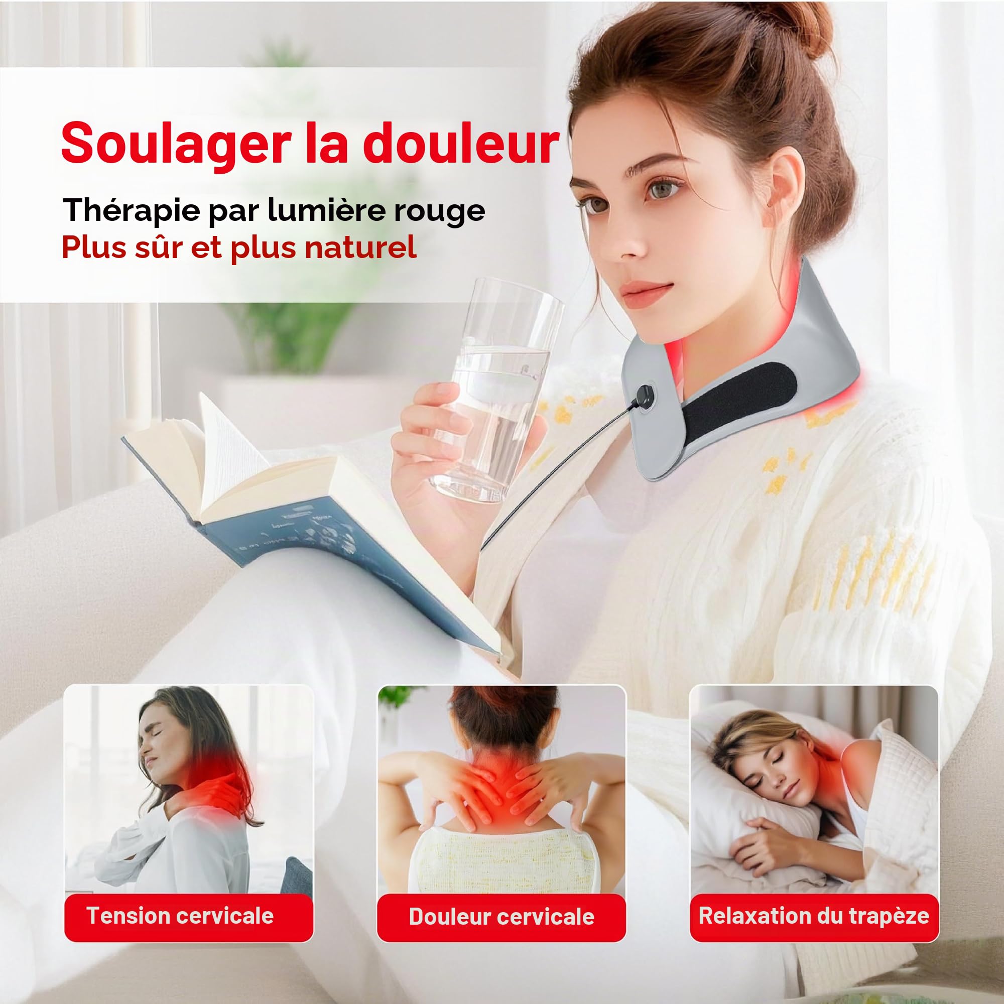 Thérapie par Lumière Rouge pour le Cou avec 147 LED 660nm & 850nm, Télécommande Rechargeable, 3 Modes, Minuterie, Appareil Infrarouge Portable pour Douleurs Cervicales