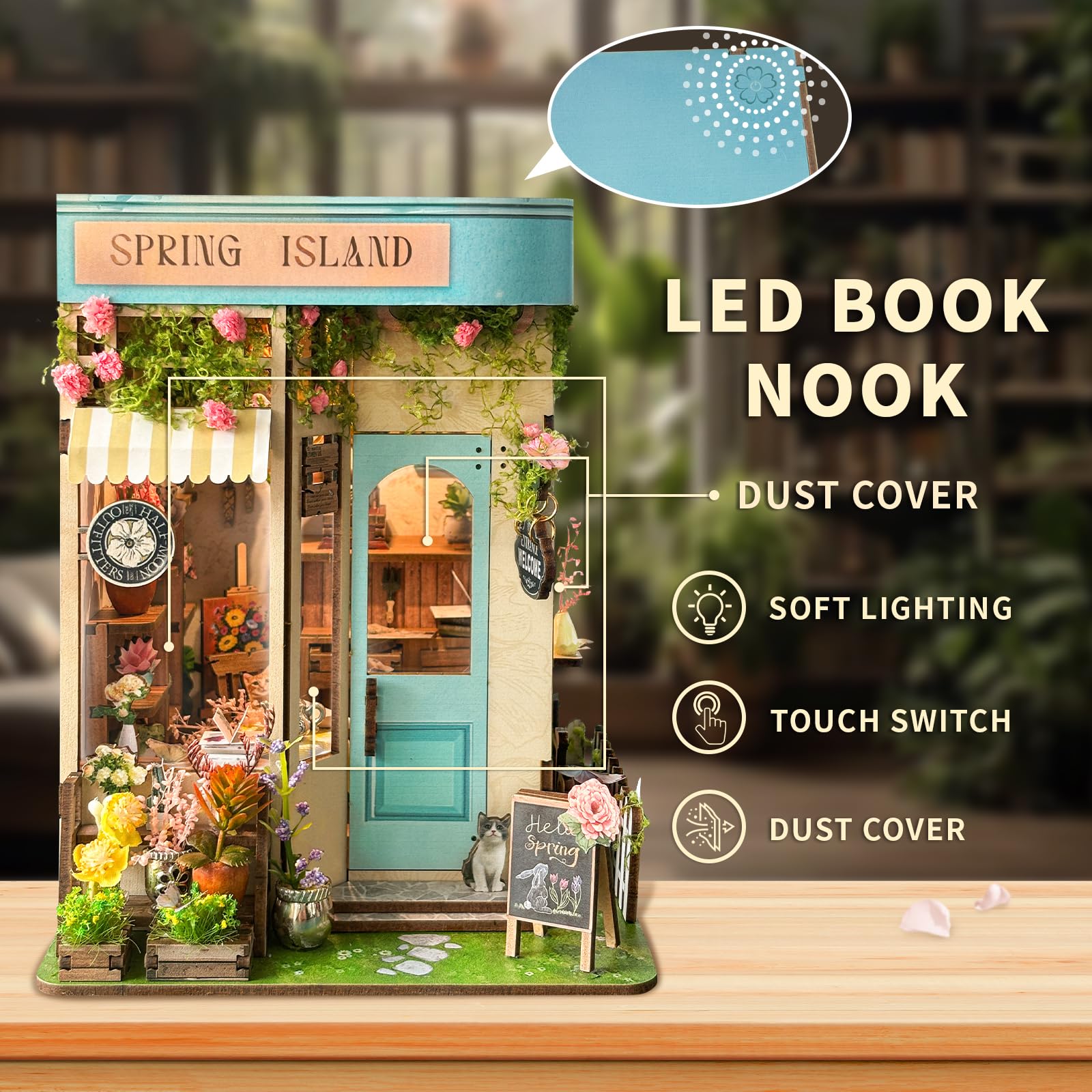 CUTEROOM Kit per Angolo del Libro, Fai da Te in Legno, Casa in Miniatura, Kit di Costruzione con Luci LED（Isola Primavera）