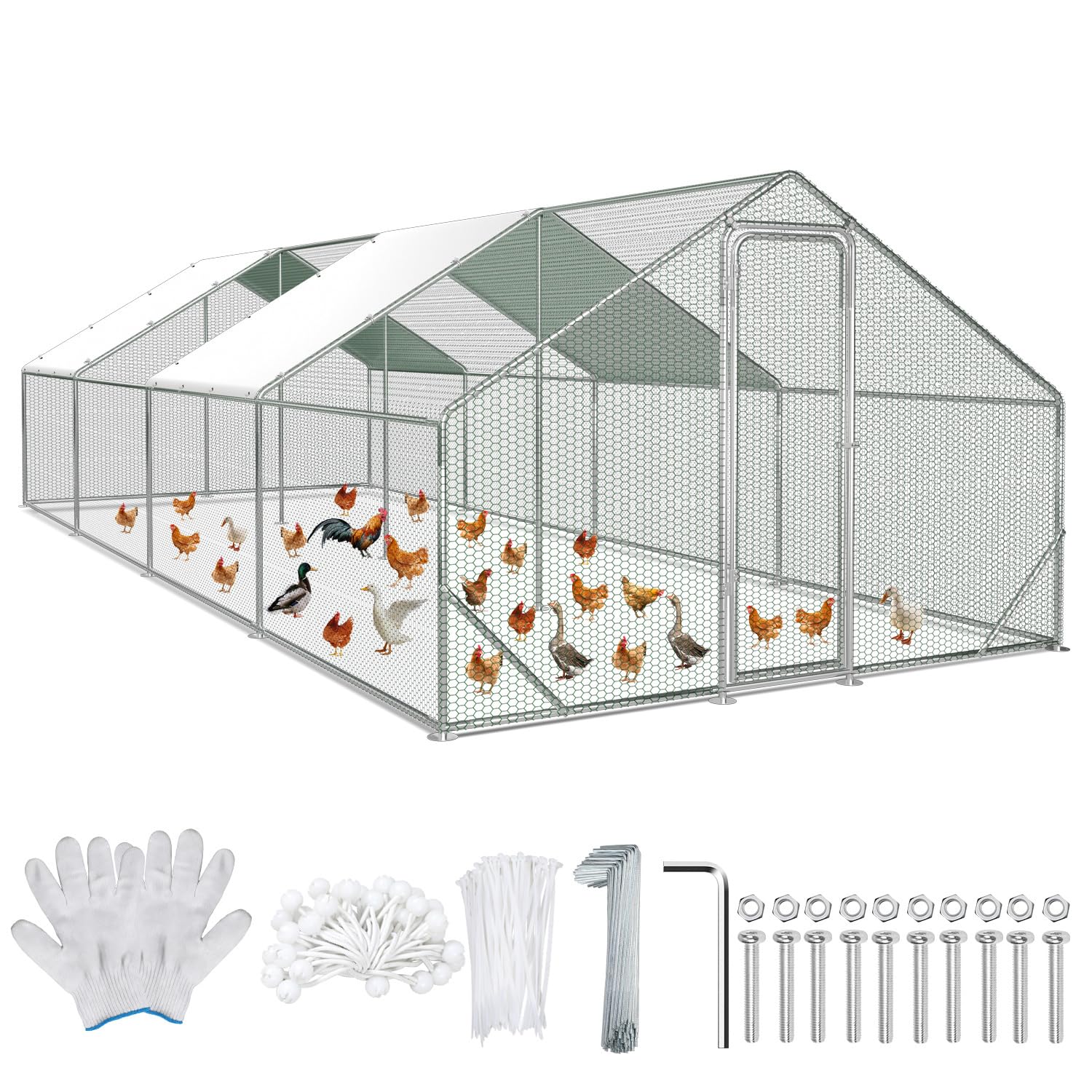 Gallinero de 3 x 8 x 2 m – Gallinero de acero galvanizado, para animales pequeños, gallinero, techo, gallinero con protección solar y puerta para jaula de mascotas, jaula de pollos, animales