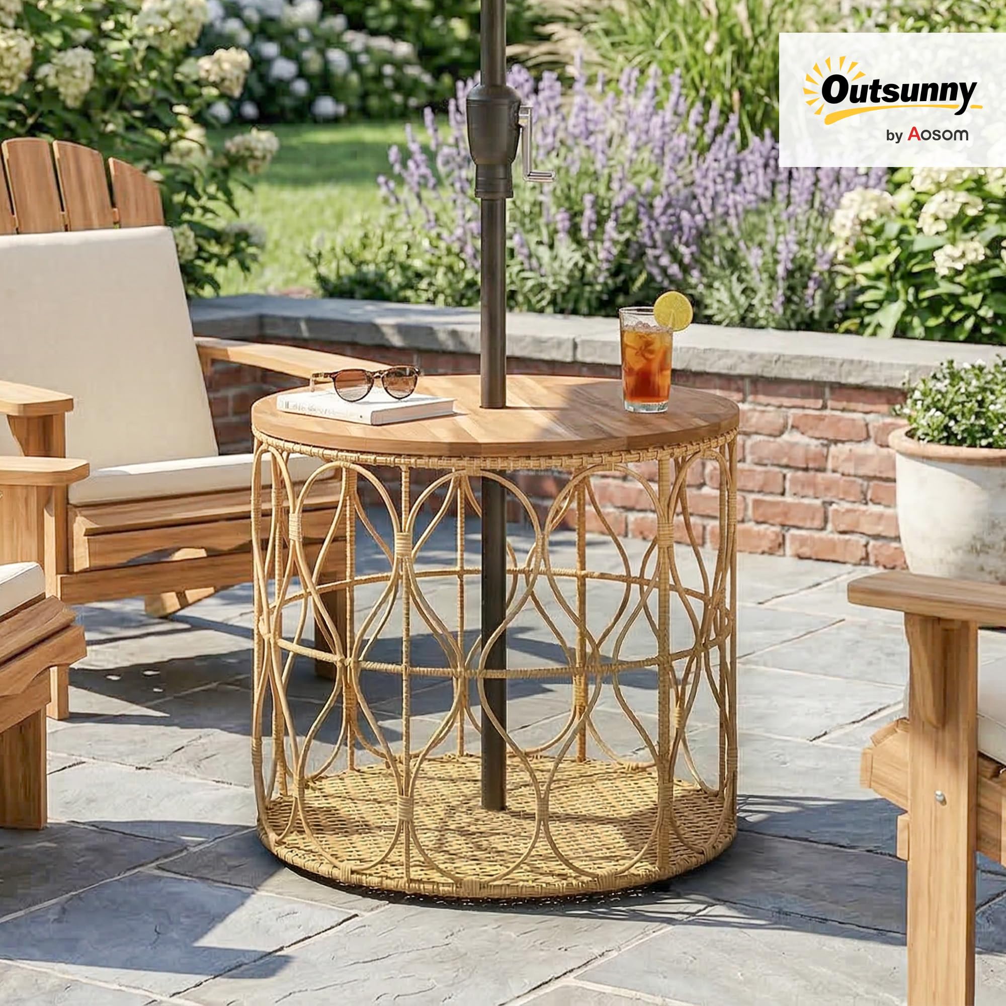 Outsunny Stolik pomocniczy, Ø 50 cm, odporny na warunki atmosferyczne, z drewna akacjowego, stół ogrodowy o wyglądzie rattanu, z regulowanymi nóżkami, okrągły stół balkonowy, obciążenie 80 kg, stół