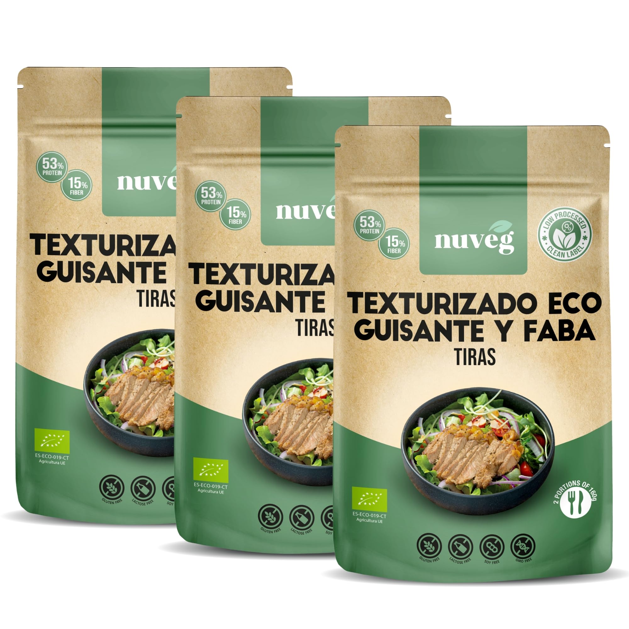 NUVEG Texturizado de Proteína Deshidratada Ecológica, Listo para Cocinar, Proteína de Guisante Vegana Sin Gluten, Comida Preparada Rica en Fibra, Vegan Protein, Pack 3, 240 g