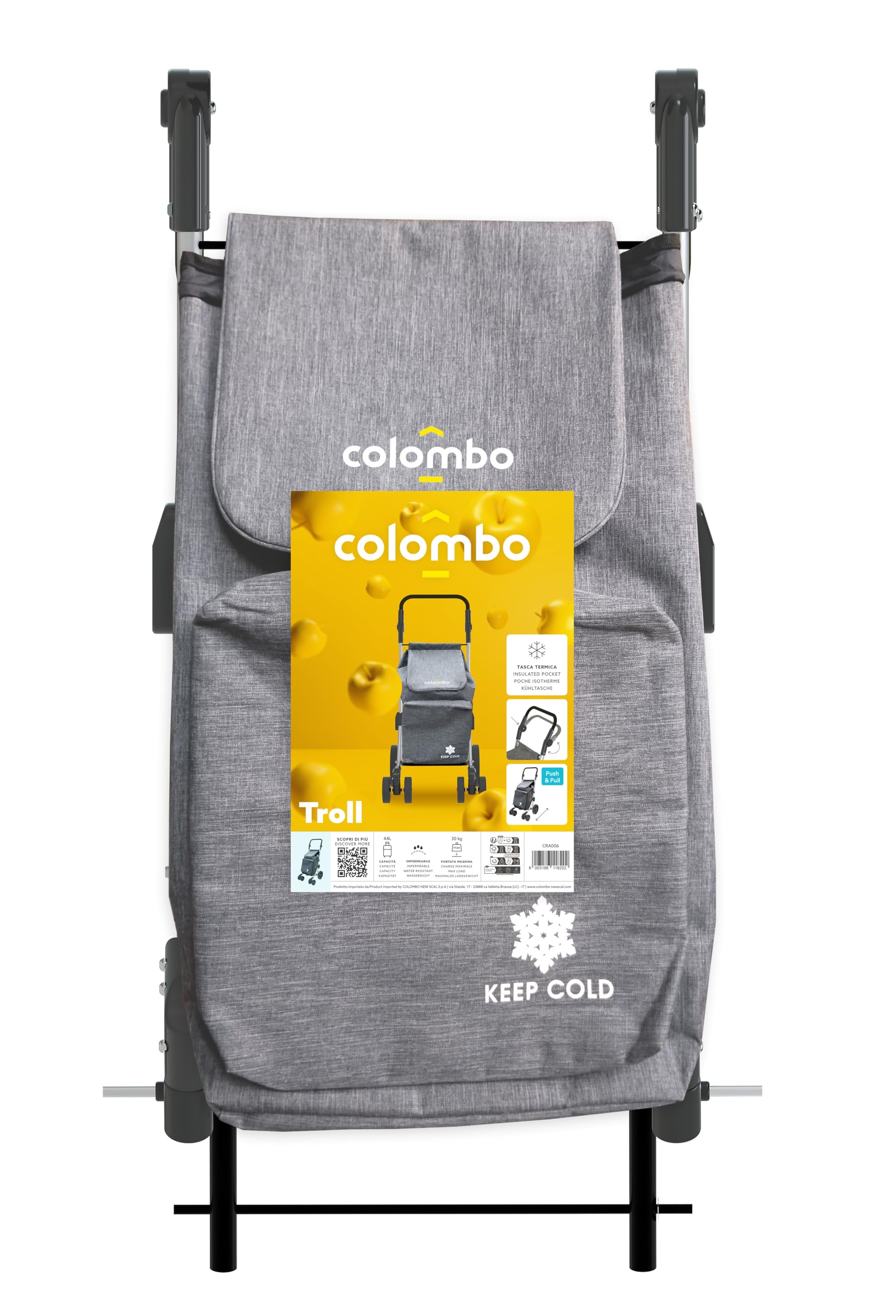 COLOMBO Troll Carrello Spesa in Alluminio Leggero e Resistente 60L con Borsa Termica 4L, 6 Ruote Push&Pull, Manubrio Regolabile Antiscivolo, Porta Monete – Carrello Spesa Pieghevole, Salvaspazio