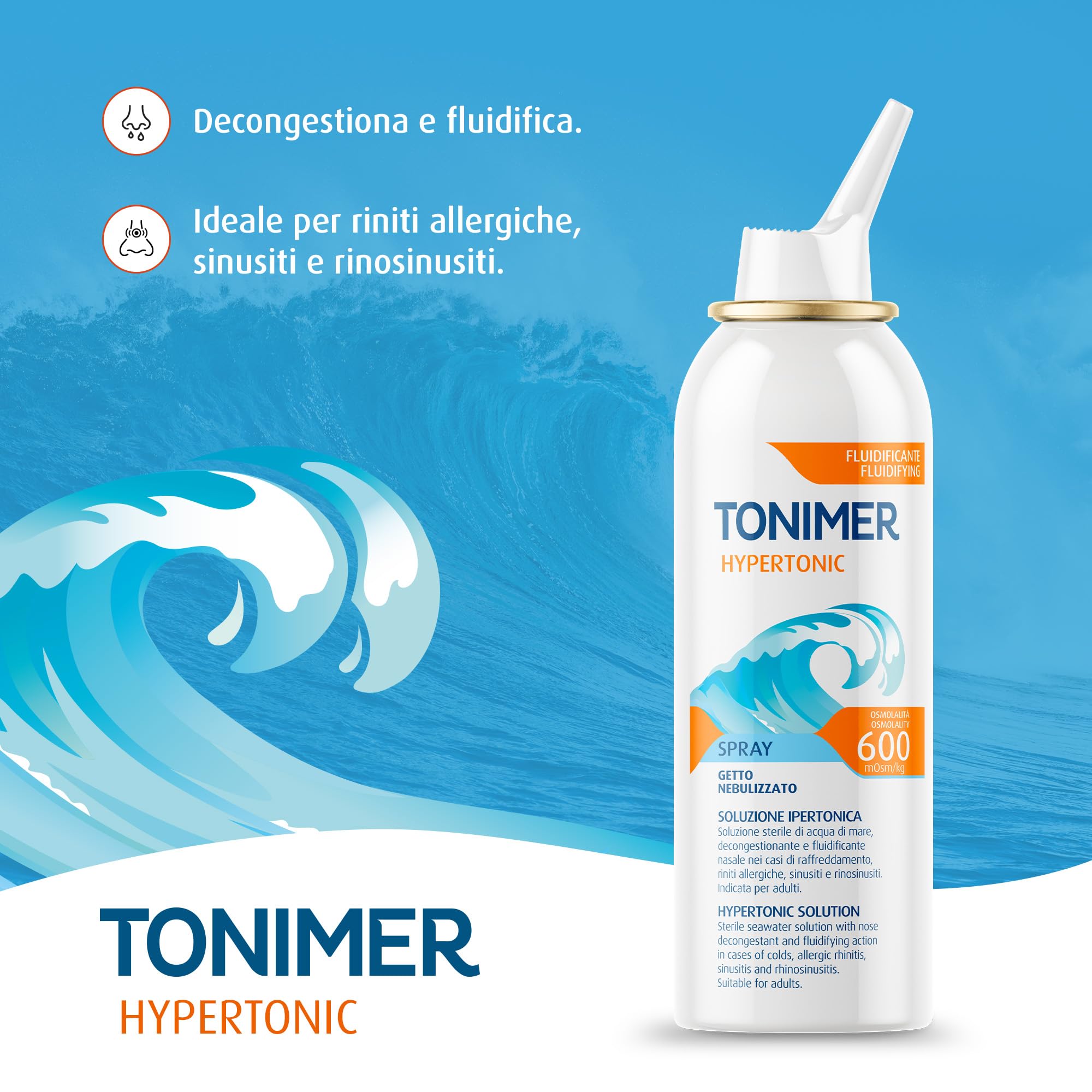 Tonimer MD Hypertonic Spray – 100 ml – Soluzione Ipertonica Sterile di Acqua di Mare – Decongestionante e Fluidificante Nasale – Per Riniti allergiche Sinusiti e Rinosinusiti