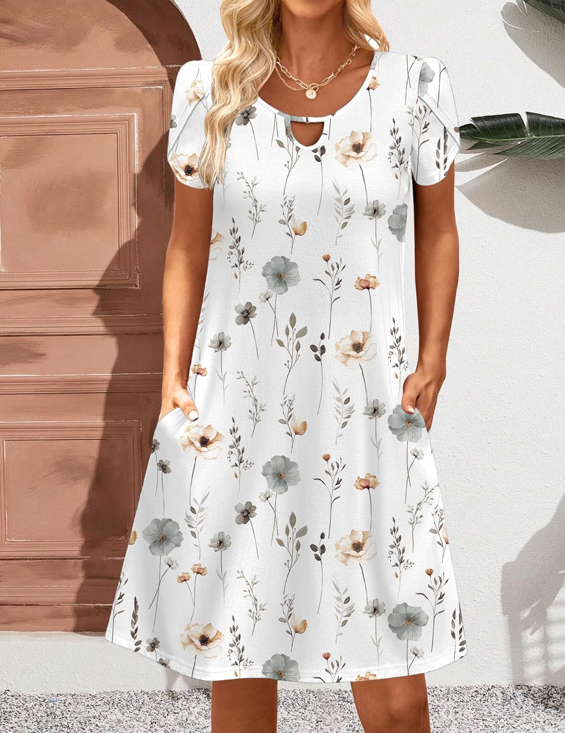 Zeagoo Women's Casual A-Line Dresses with Pockets Summer Floral Tshirt Dress Short Sleeve Mini Dress Flowy Sundresses - Image 3