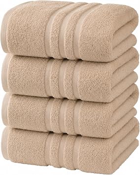 Velqora Large 100% Organic Cotton Bath Towels 4 Pack, 30x60 in, Beige