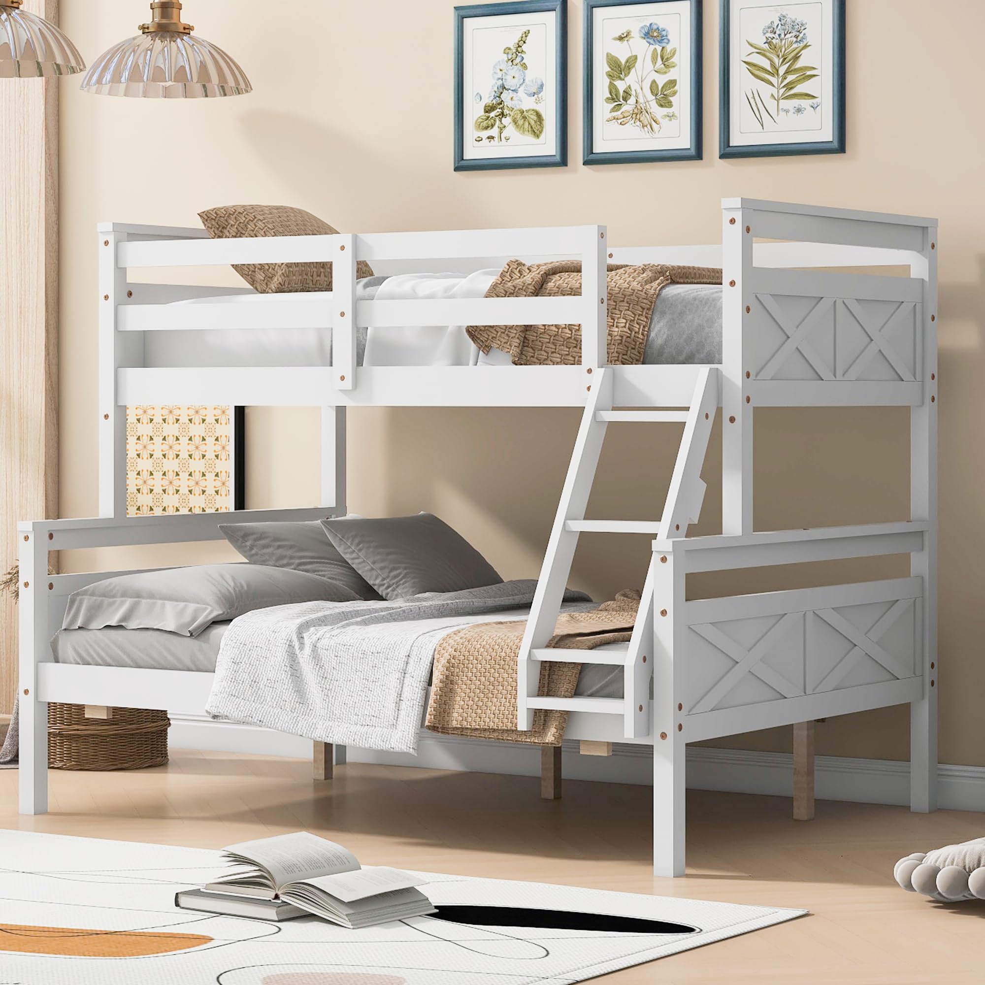 Merax Wooden Bunk Bed,Twin Over Full Bunk Bed with Ladder,Safety Guardrail,Can Be Separated into 2 Beds,Perfect for Bedroom,White