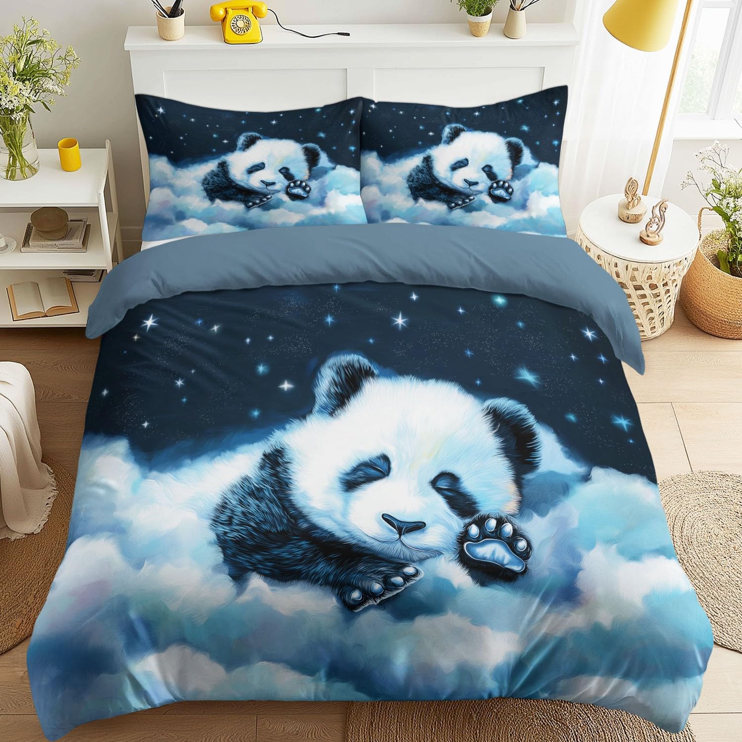 Housse de couette panda 160x200 cm, literie microfibre facile d'entretien contre les plis