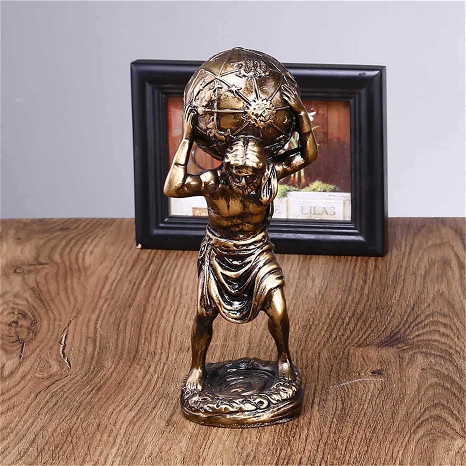 Habitz 8X6.5x19.5cm Atlas Holding World Greek Statue Miniature Figurine Greek God Atlas Bronze Finish Greek Sculpture Collectible The World Is Yours Statue For Home Decor Living Room Desktop Decoration(8X6.5x19.5cm)