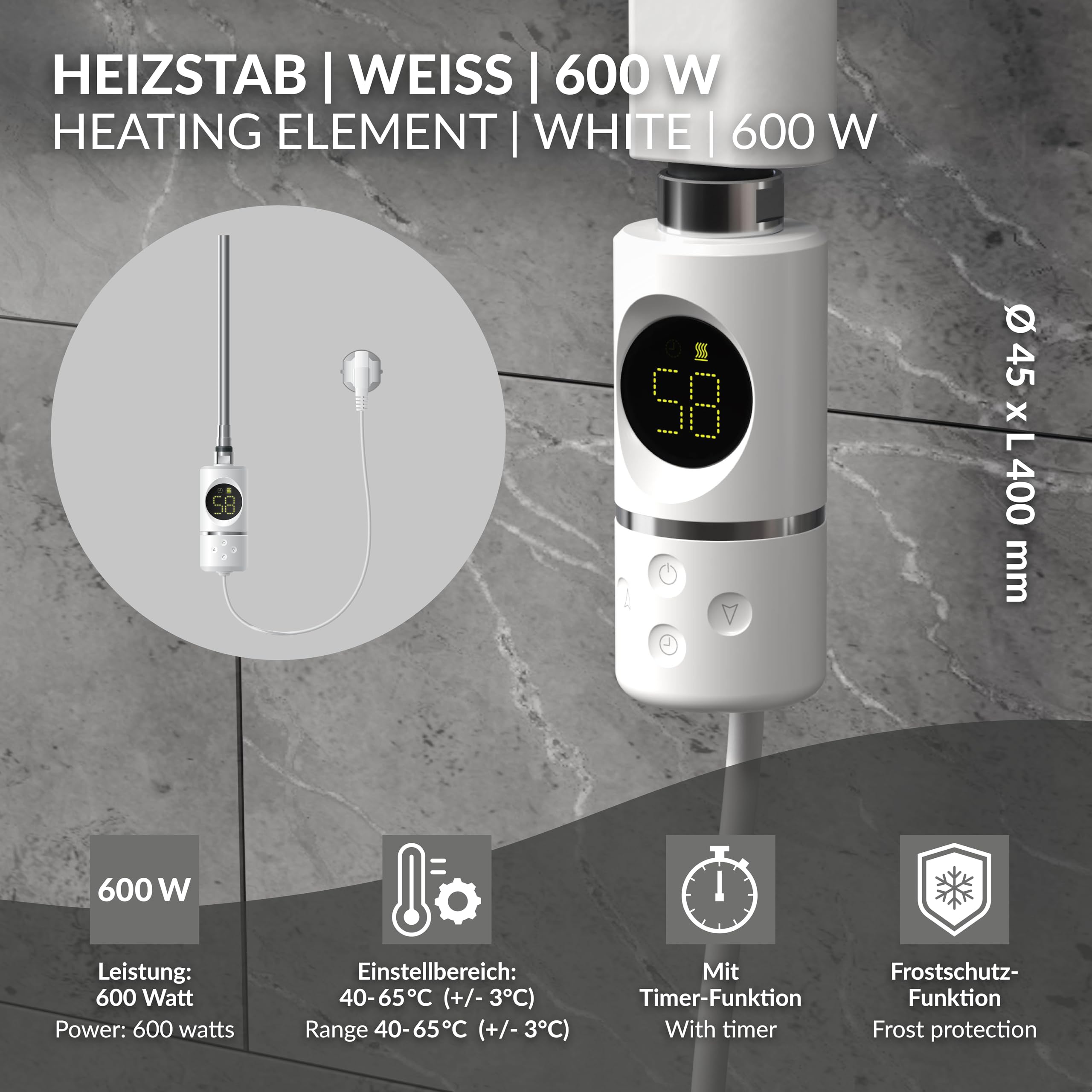 LuxeBath Heizstab 600W Weiß mit Thermostat und Digitalanzeige, Elektronischer Temperaturregler und Timer-Funktion, Heizpatrone Heizelemente für Badheizkörper Heizungen, Elektroheizstab mit Stecker