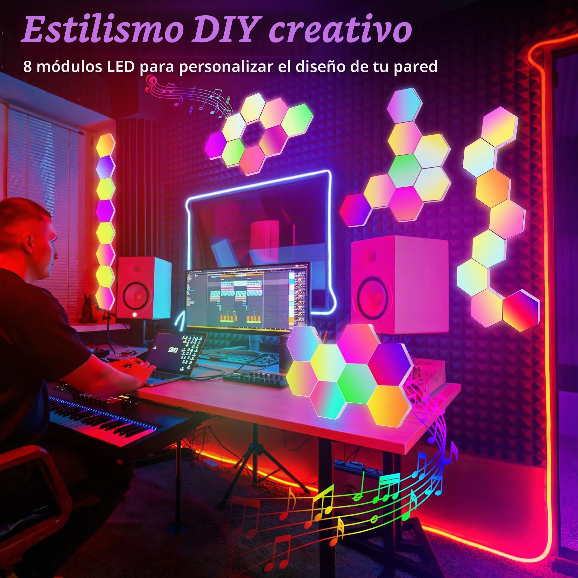 8 Piezas Hexa Paneles Luminosos, Smart Hexágono Luces de Pared, Sincronización de Música, Gamer Habitacion Pared Decoracion Lampara, RGB Luces de la Casa con APP para Sala de estar, Sala de Juegos