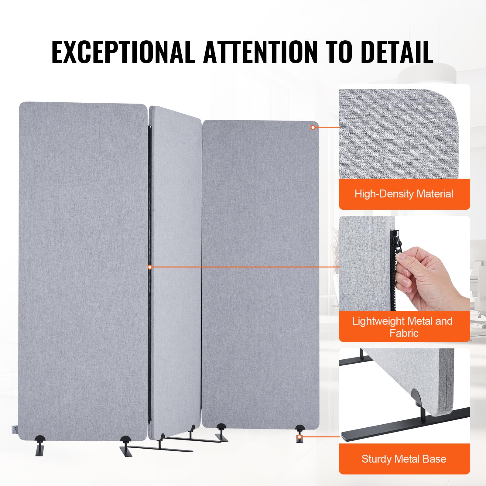 VEVOR Divisorio per Ambienti da 609,6 mm Divisorio per Ambienti Insonorizzato a 3 Pannelli, Paravento per Privacy Pieghevole, Separazione Portatile per Ambienti, per Studio Ufficio, Grigio Chiaro