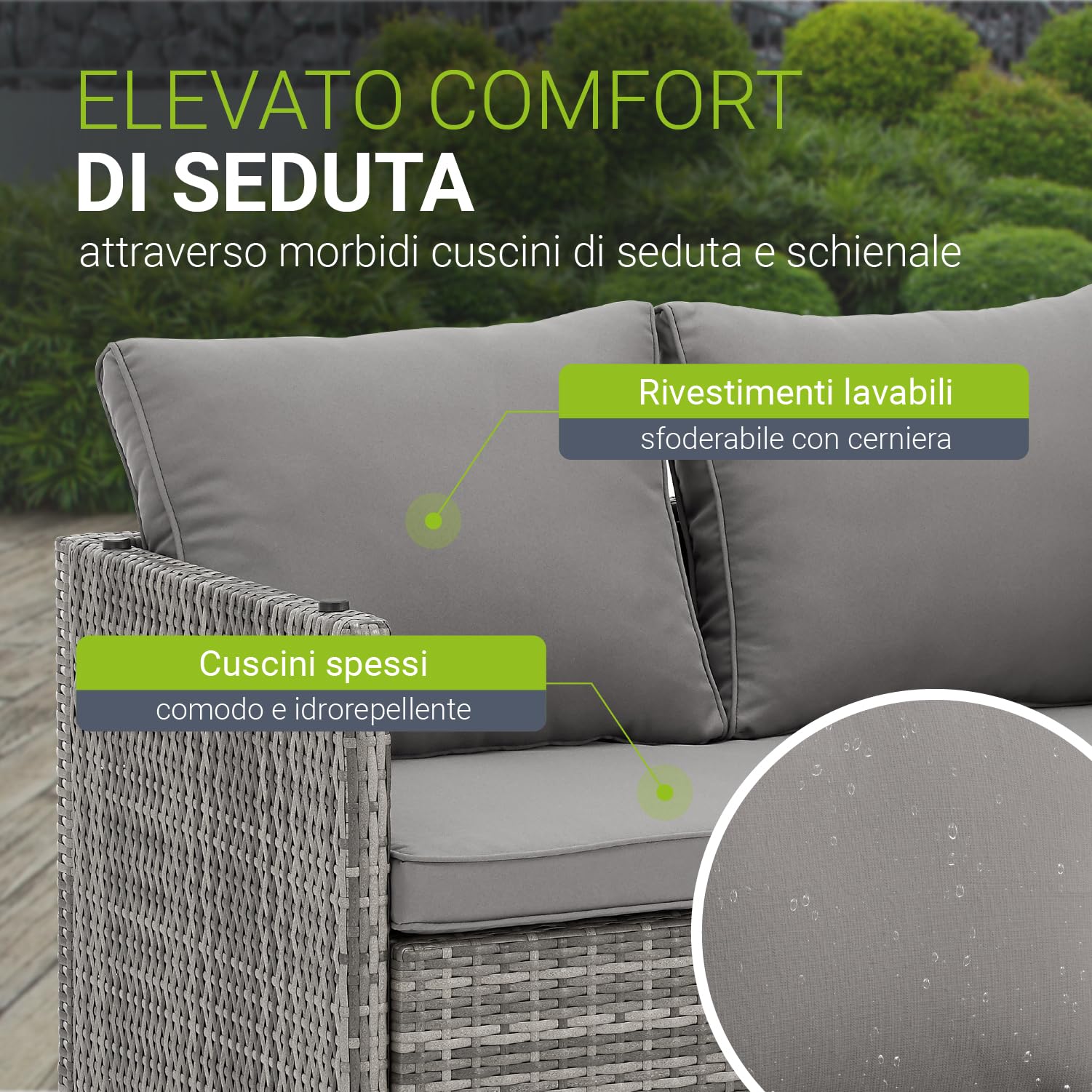 Juskys 2in1 Set di mobili da giardino relax in polyrattan Jamaika - Tavolo, divano da giardino - Salottino per balcone, giardino - Lounge da esterno grigio